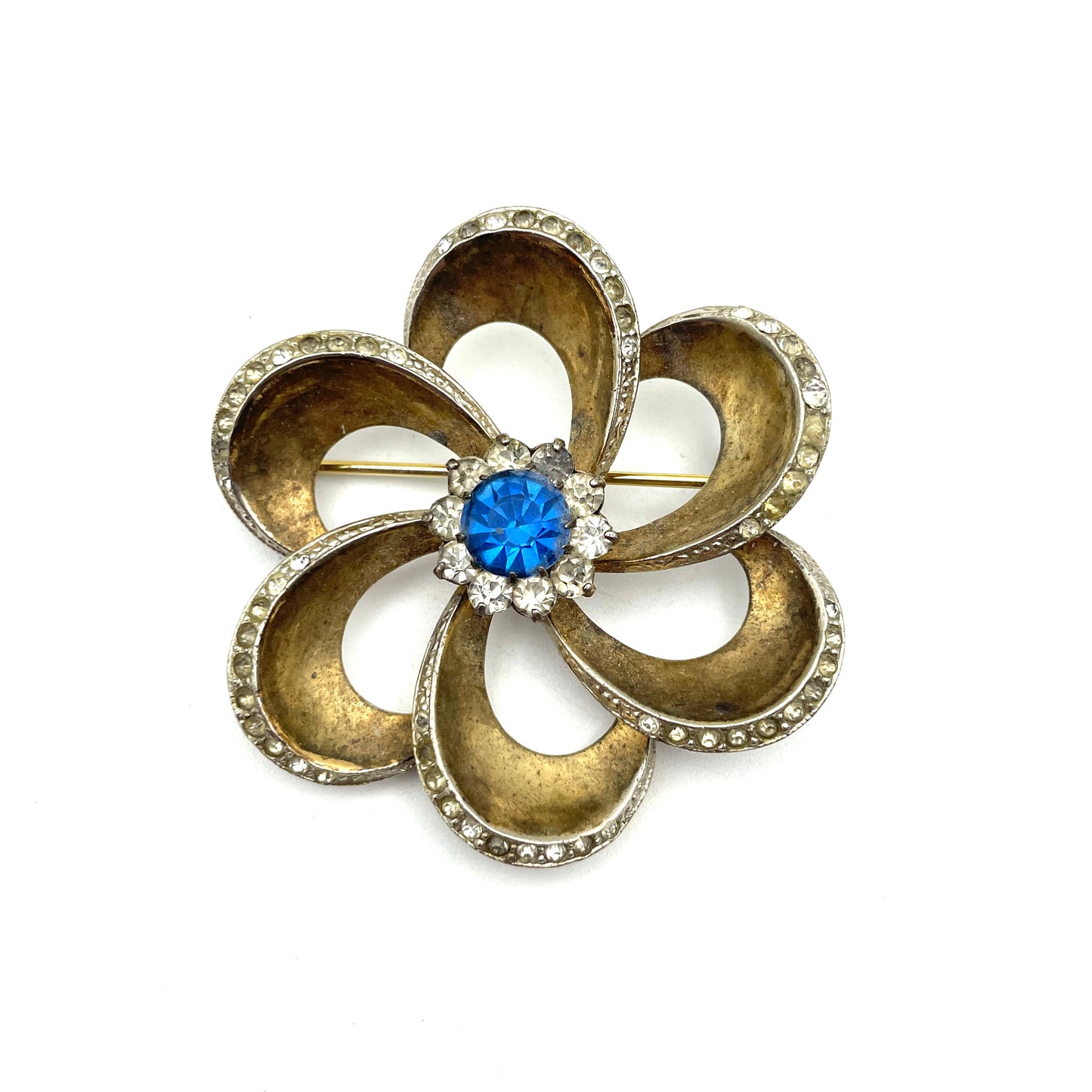 Vintage Vermeil Sterling Silver Flower Pin with Blue Stone