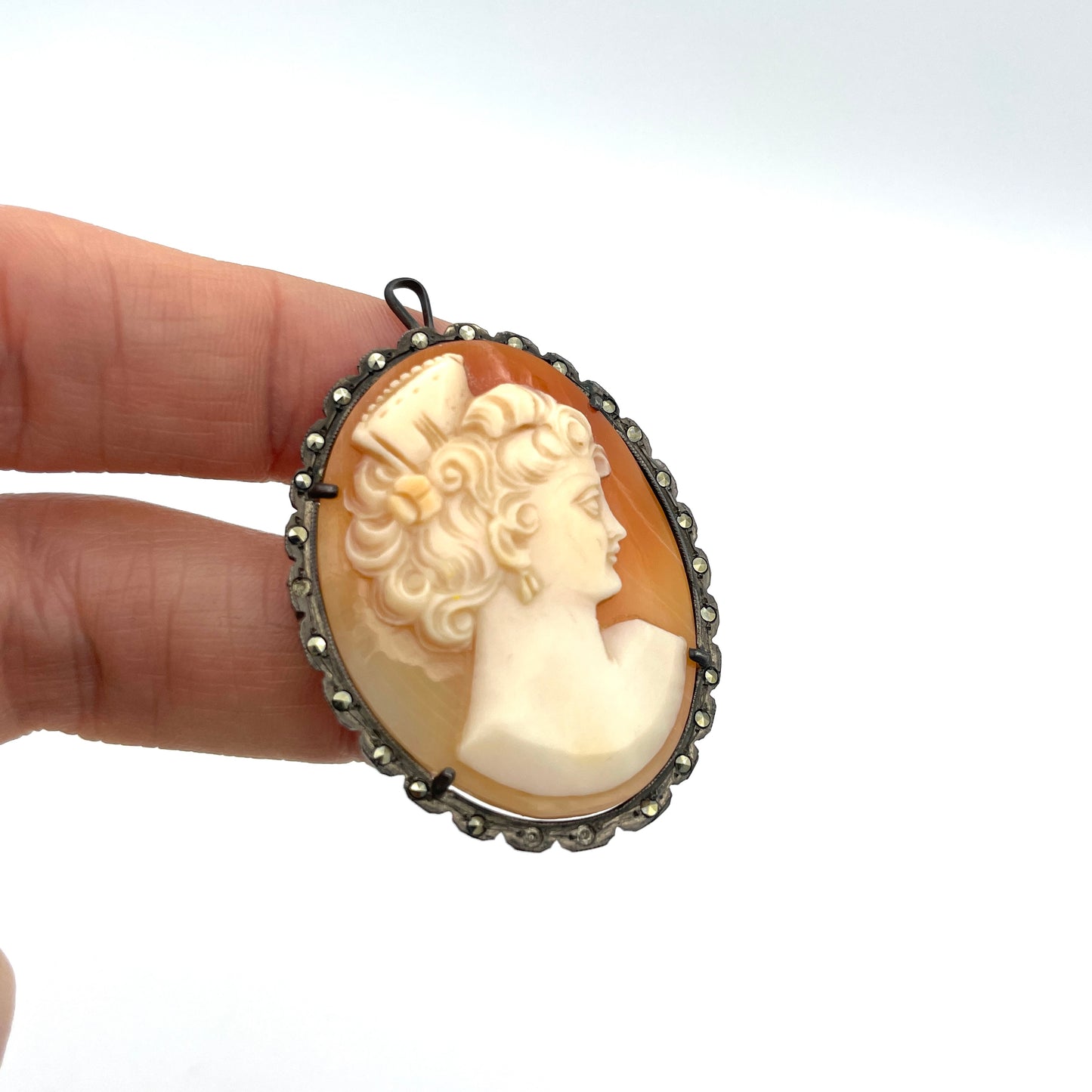 Vintage Sterling Silver & Marcasite Carved Cameo Pendant / Pin