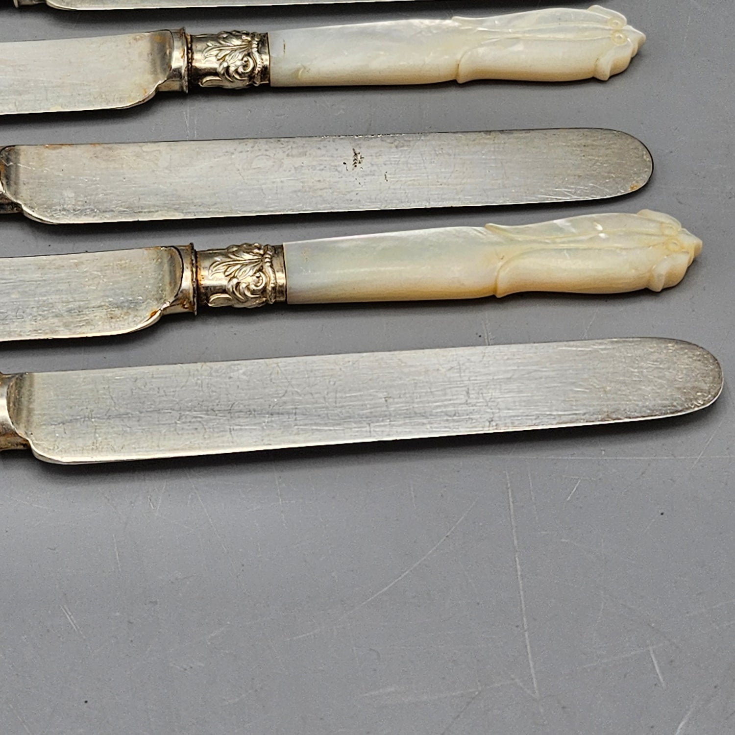 Set of 6 - Vintage German Made Mother of Pearl & Sterling Band Knives