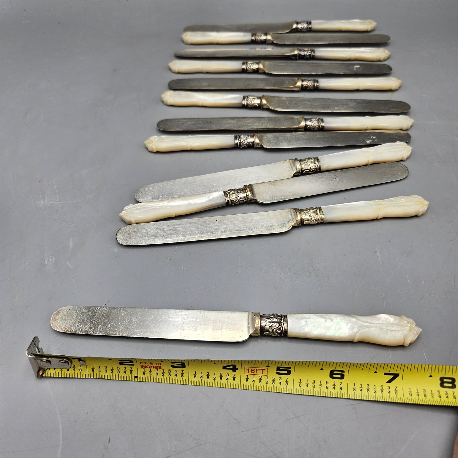 Set of 6 - Vintage German Made Mother of Pearl & Sterling Band Knives