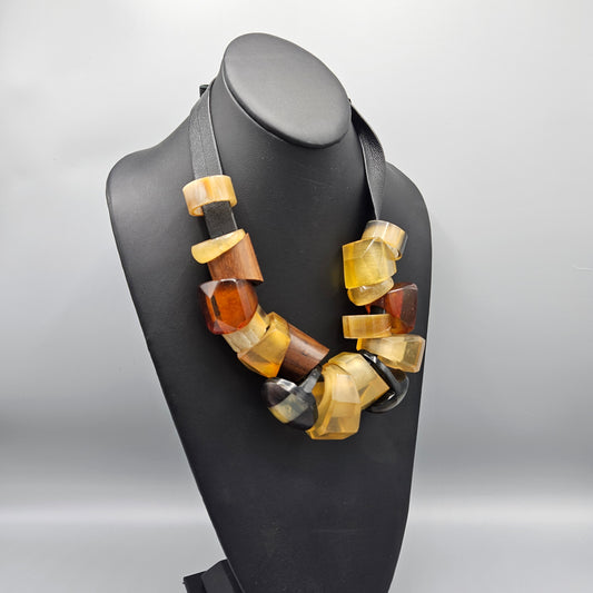 1980s Acrylic & Wood Beads on Leather Necklace