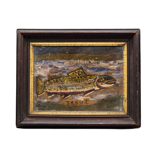 Antique 1908 Oil on Board Trout Painting Under Glass