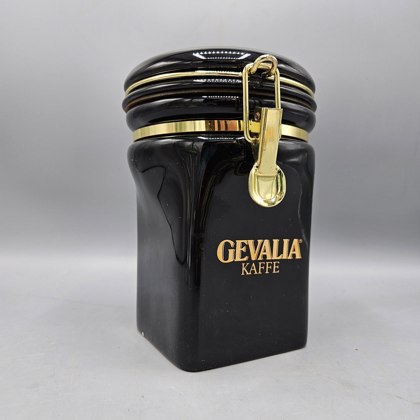 Gevalia Kaffe Airtight Coffee Canister Black with Brass Latch & Gold L ...