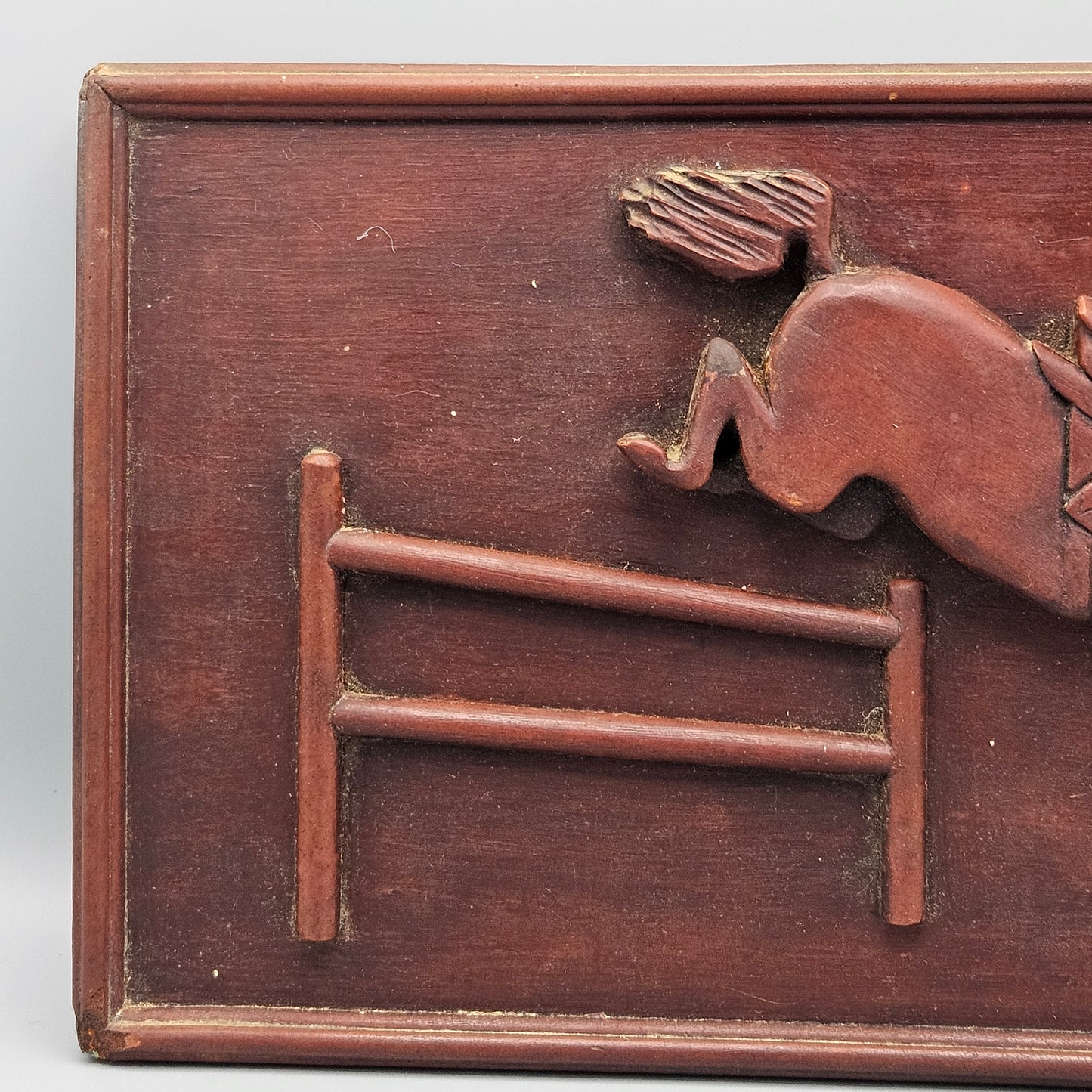 Wonderful Folk Art Relief Carving of Jockey on Horse Jumping a Fence