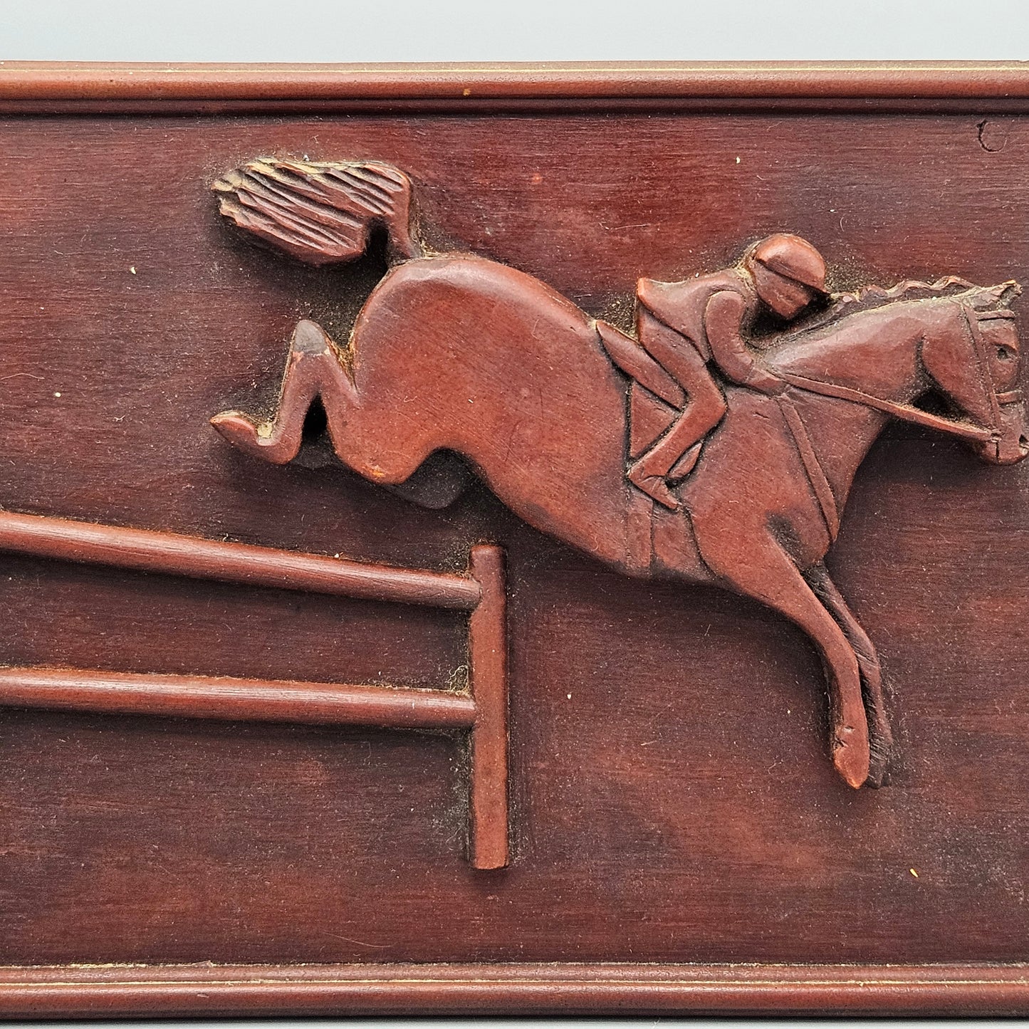 Wonderful Folk Art Relief Carving of Jockey on Horse Jumping a Fence