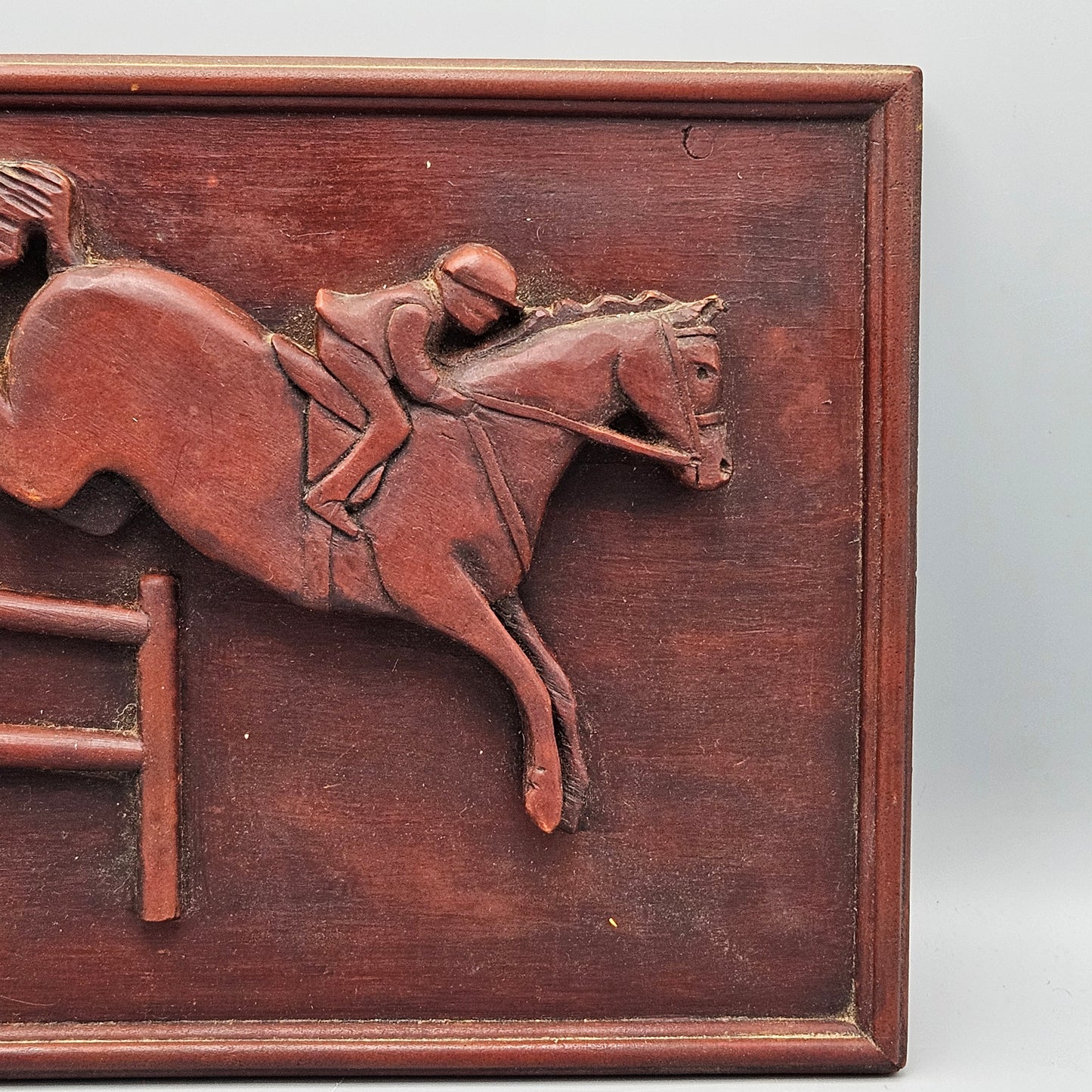 Wonderful Folk Art Relief Carving of Jockey on Horse Jumping a Fence