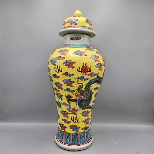 Chinese Porcelain Famille Jaune Lidded Temple Jar with Dragons