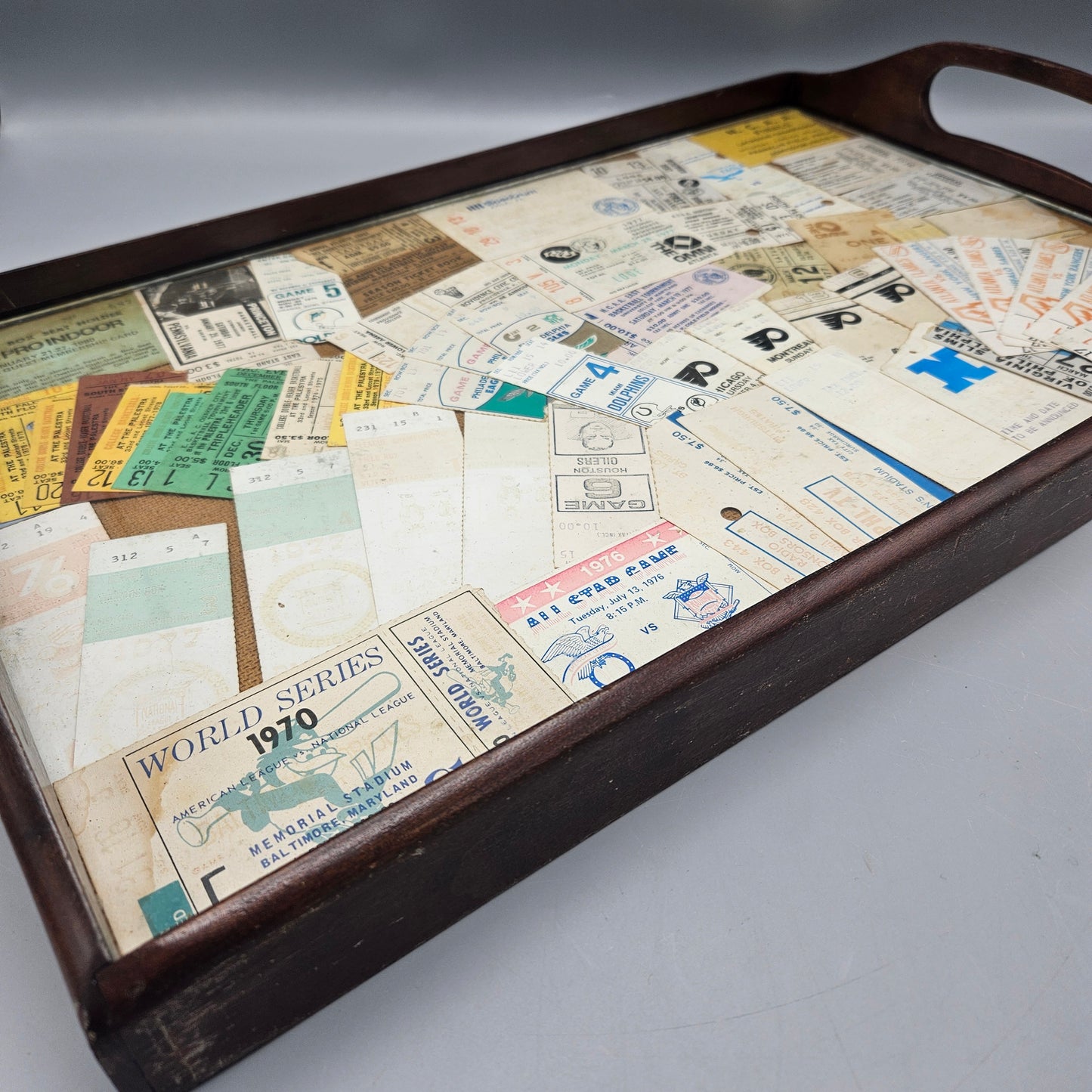 Wonderful Wooden Bar Tray with Vintage Sports Tickets Including 1970 World Series Tickets