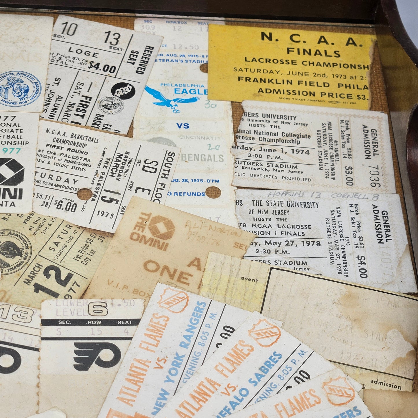 Wonderful Wooden Bar Tray with Vintage Sports Tickets Including 1970 World Series Tickets