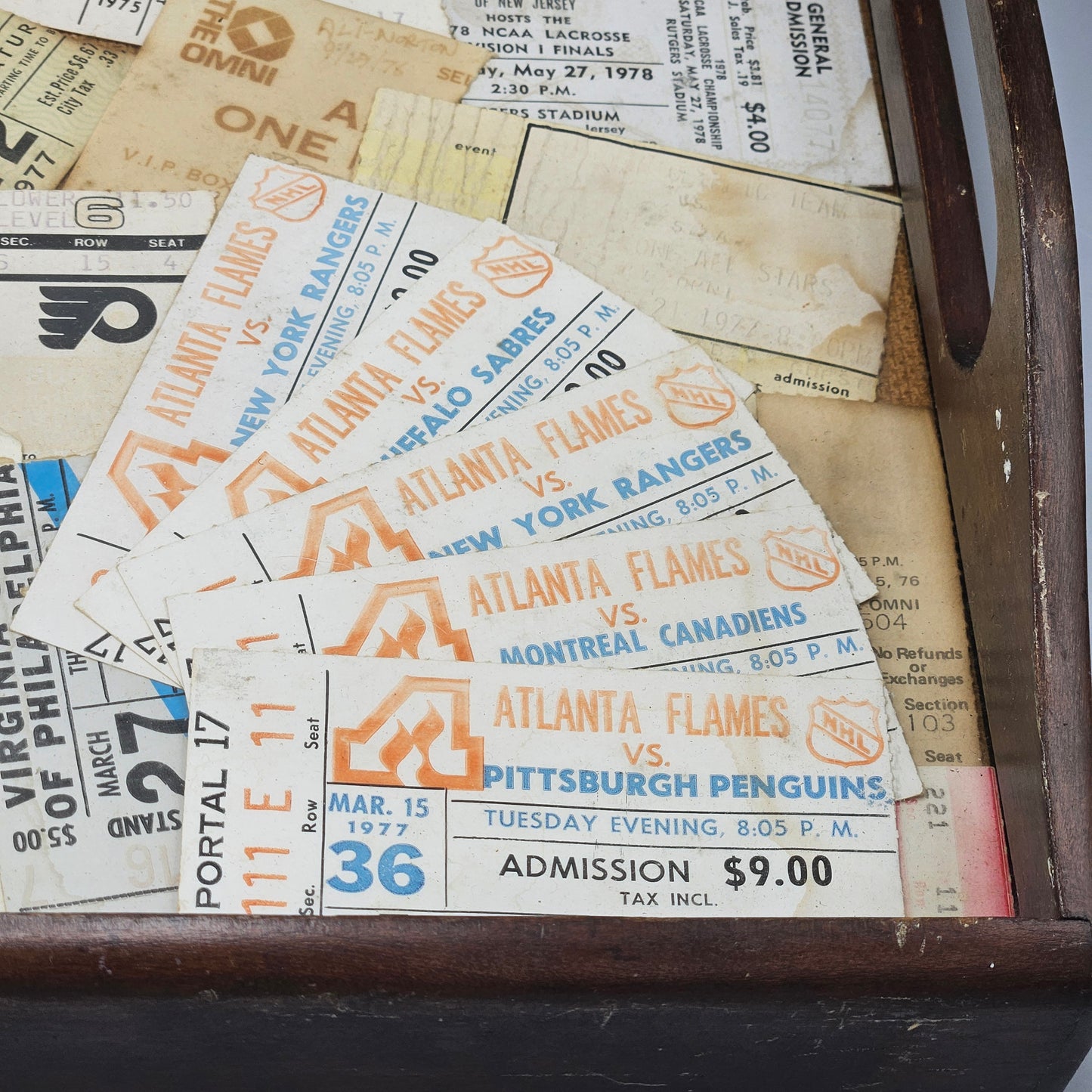 Wonderful Wooden Bar Tray with Vintage Sports Tickets Including 1970 World Series Tickets