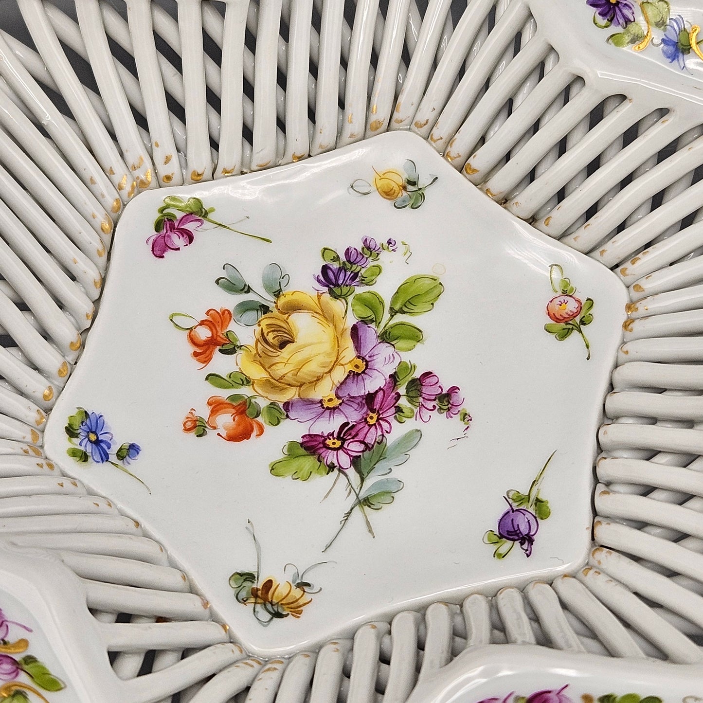 Vintage C.G. Schierholz & Sohn Germany Hand Painted Weaved Porcelain Star Shaped Basket