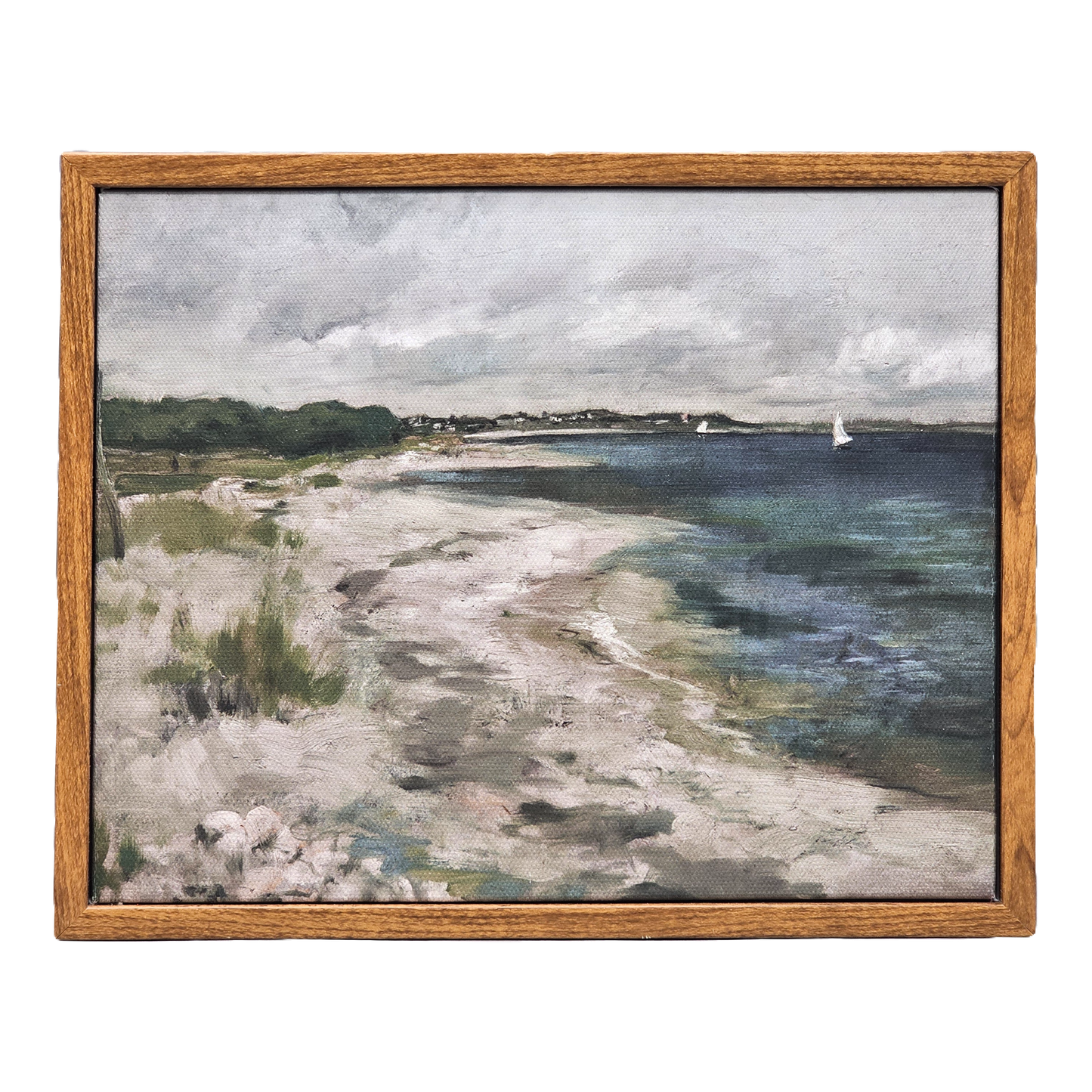 Contemporary Artwork of Beach with Ocean and Sailboats