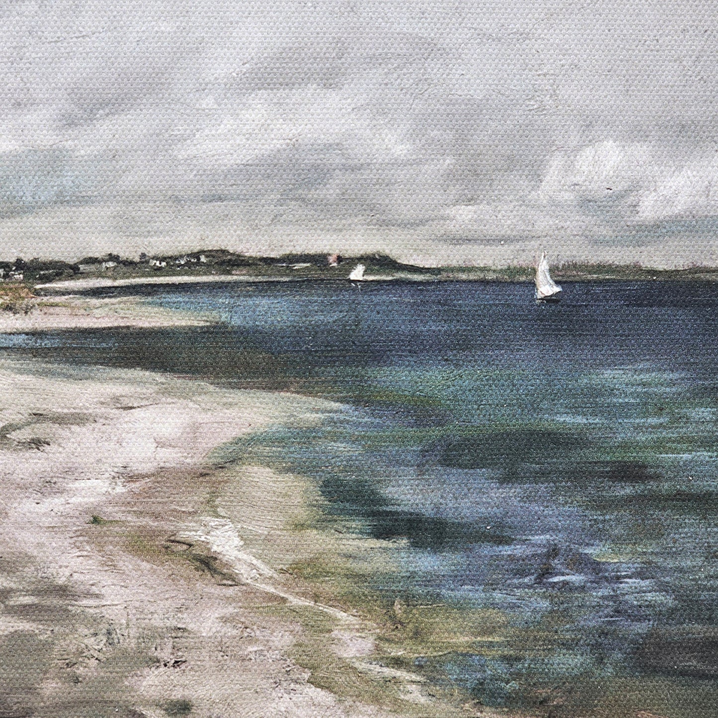 Contemporary Artwork of Beach with Ocean and Sailboats