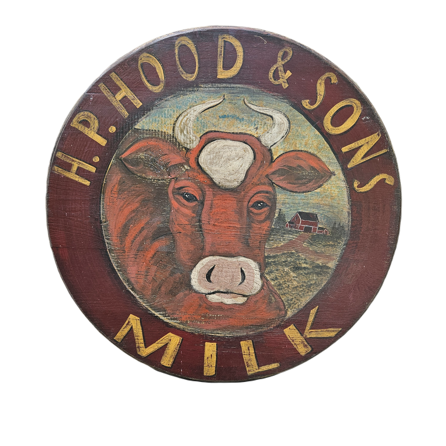 Original Kathy Graybill Folk Art Painting on Wood "H.P. Hood & Sons Farm" with Cow