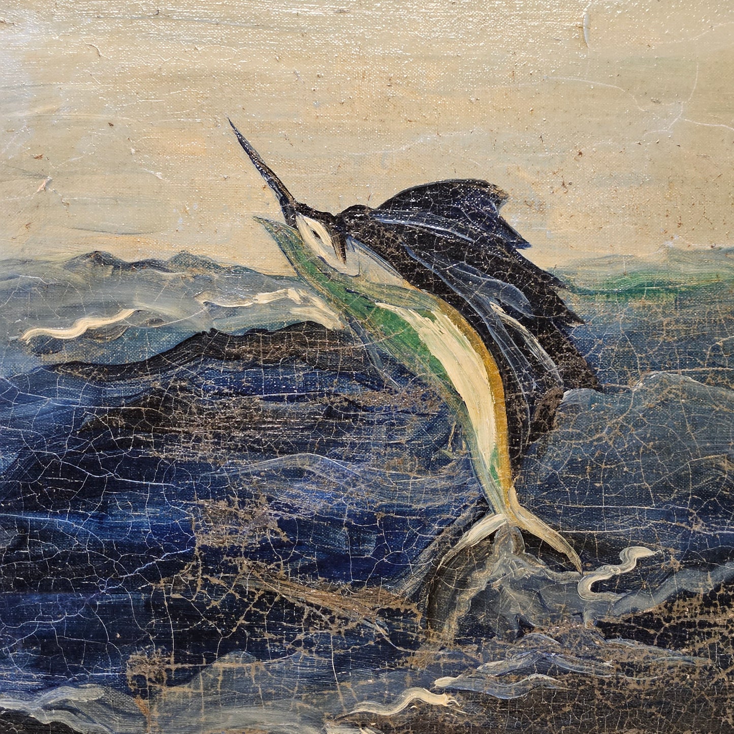 Large Painting of Marlin Jumping in Ocean