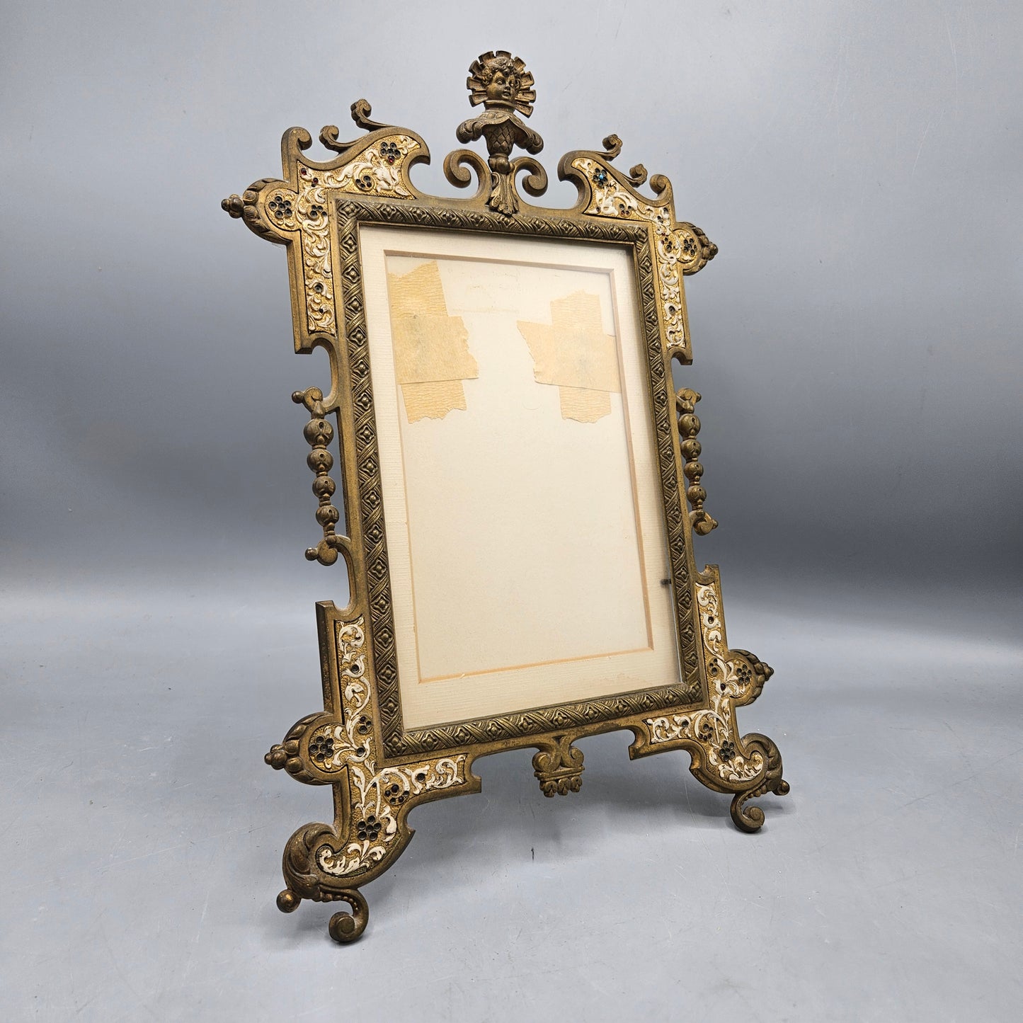 Amazing Gilt Metal & Enamel Easel Back Frame with Putti Face