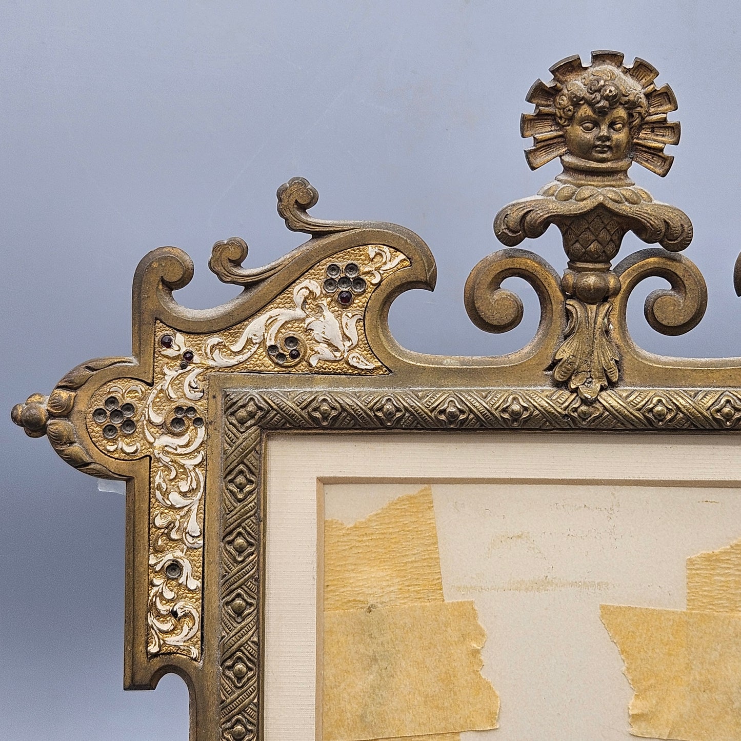 Amazing Gilt Metal & Enamel Easel Back Frame with Putti Face