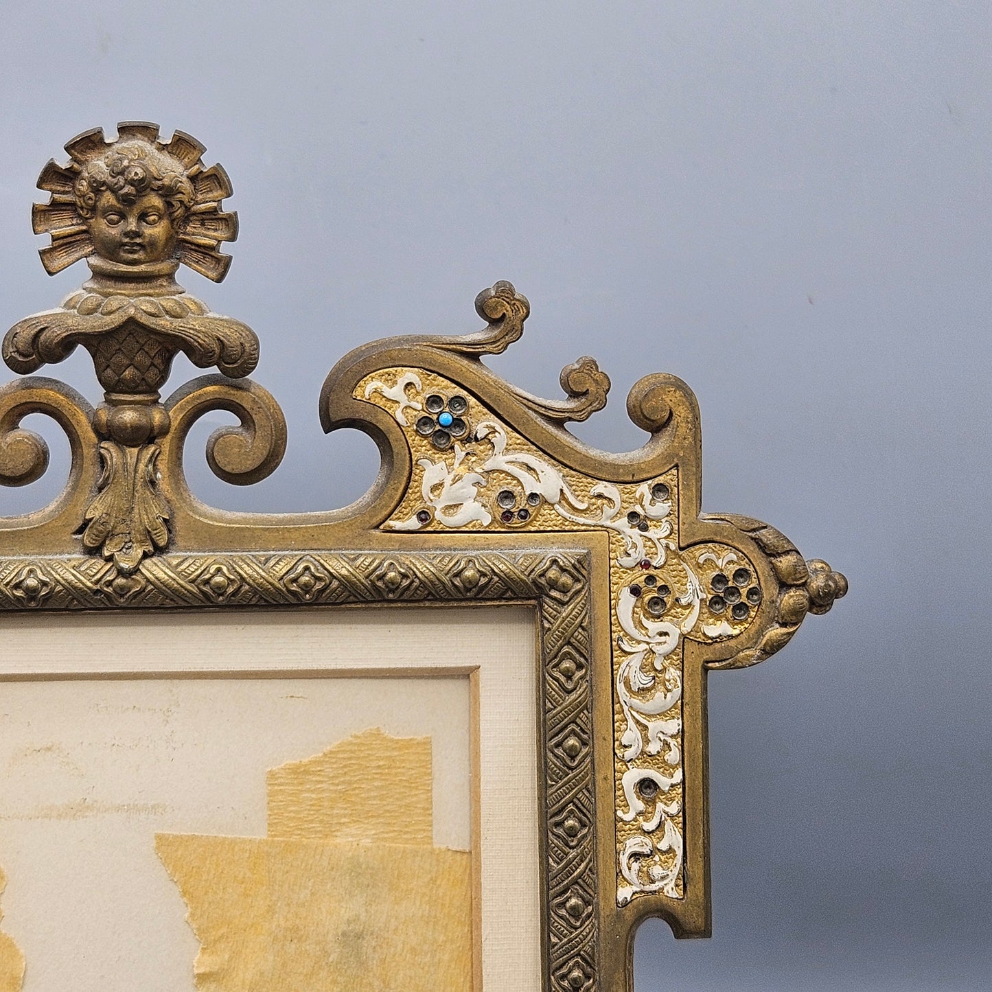 Amazing Gilt Metal & Enamel Easel Back Frame with Putti Face