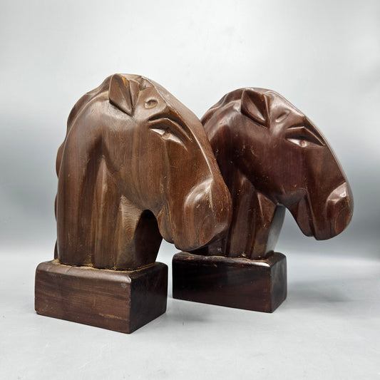 Vintage Pair of Horse Head Carved Wooden Bookends Made in Haiti