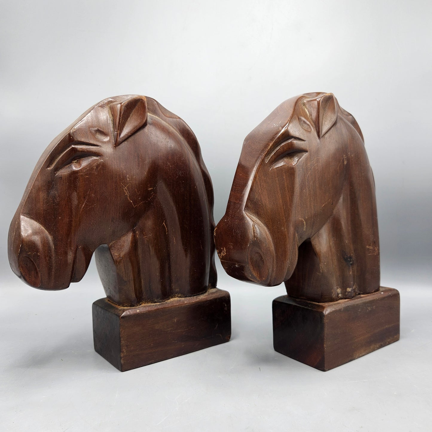 Vintage Pair of Horse Head Carved Wooden Bookends Made in Haiti