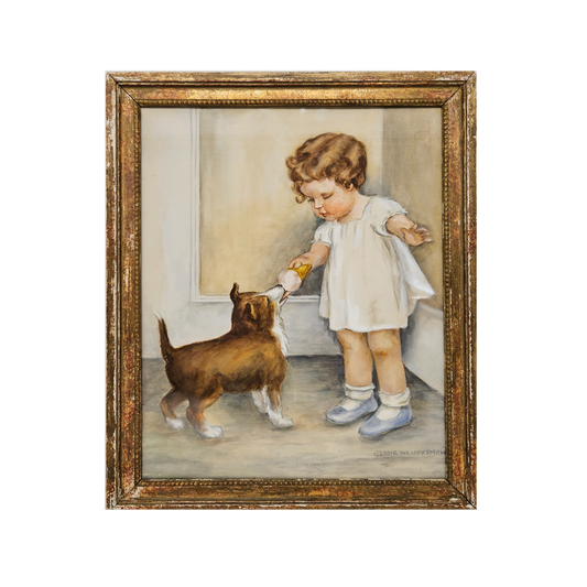 Vintage 1925 Jessie Wilcox Smith Style  "Sharing the Ice Cream" Watercolor Painting of Girl with Dog in Gold Frame