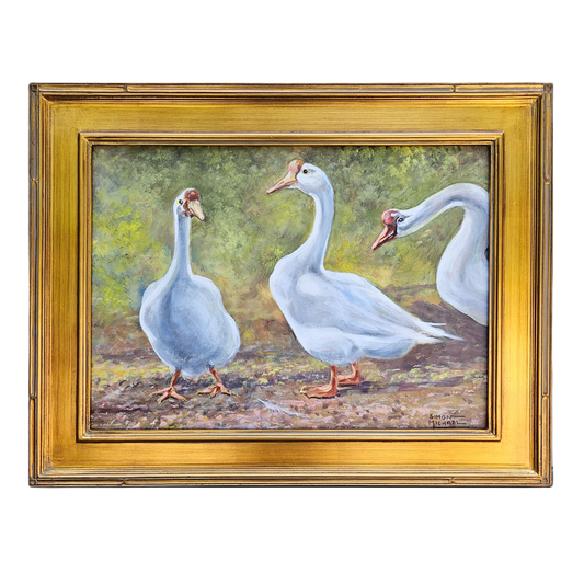 "Three Geese" Oil on Canvas Painting by Simon Michael in Gold Frame