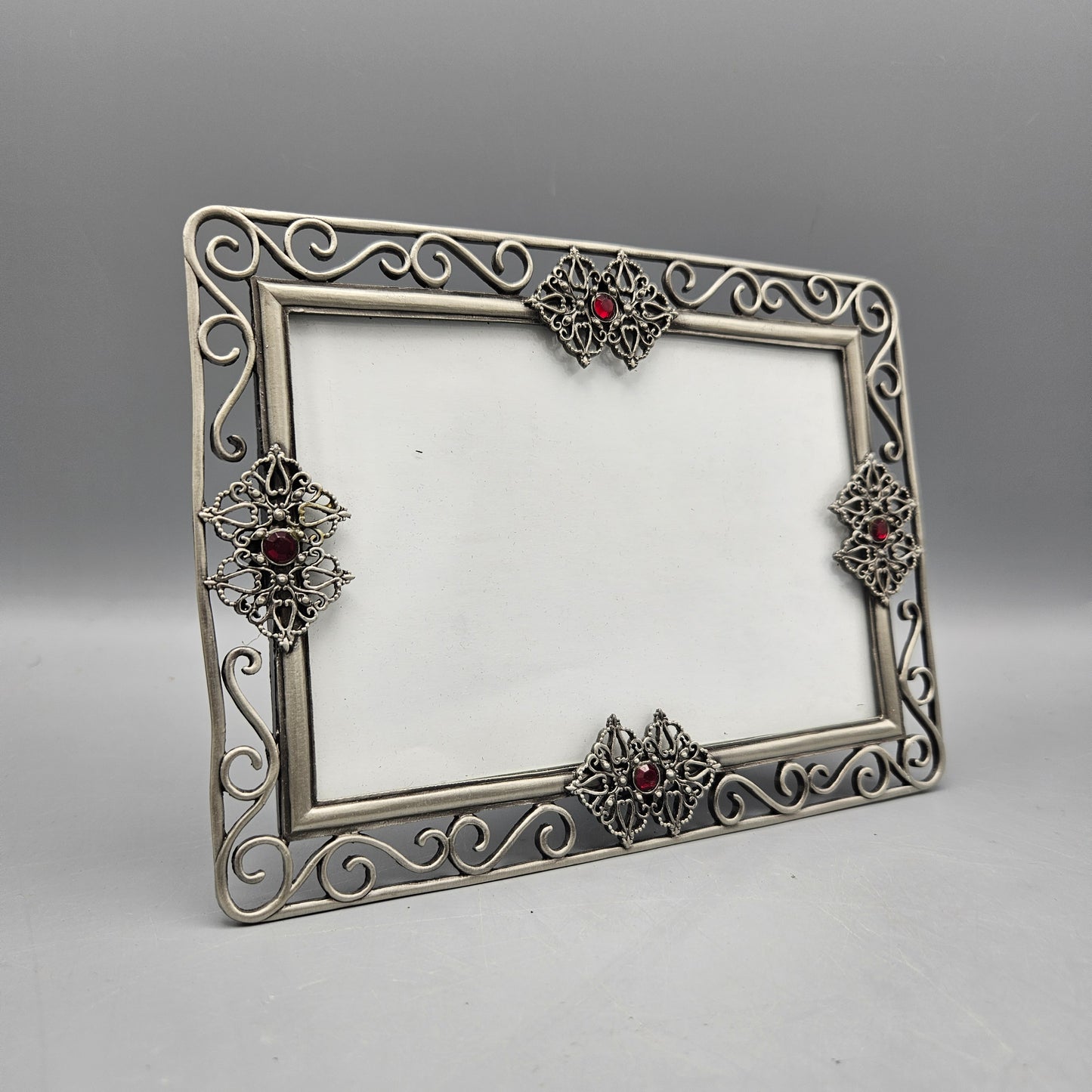 Victorian Style Metal Picture Frame with Red Jewels ~ 4 x 6