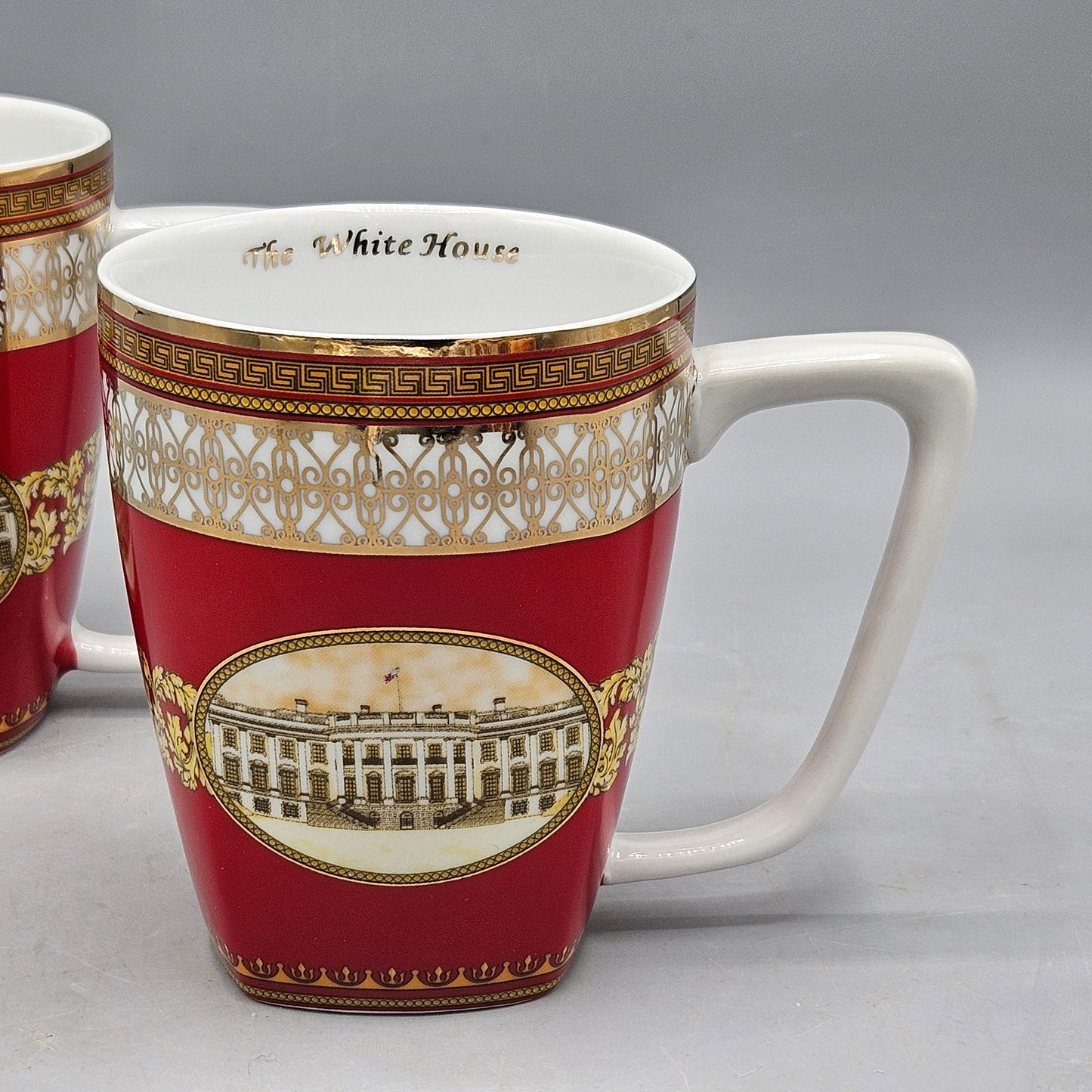 Pair of White House Historical Association Red Gold and White Mugs