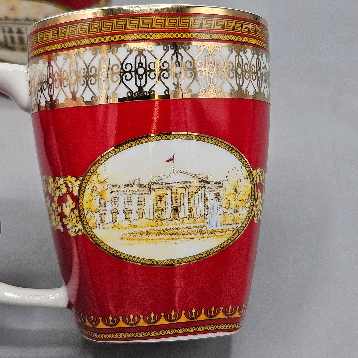 Pair of White House Historical Association Red Gold and White Mugs