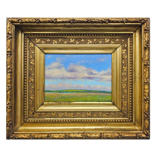 Oil on Board Landscape Painting of Field with Clouds in Gold Ornate Frame