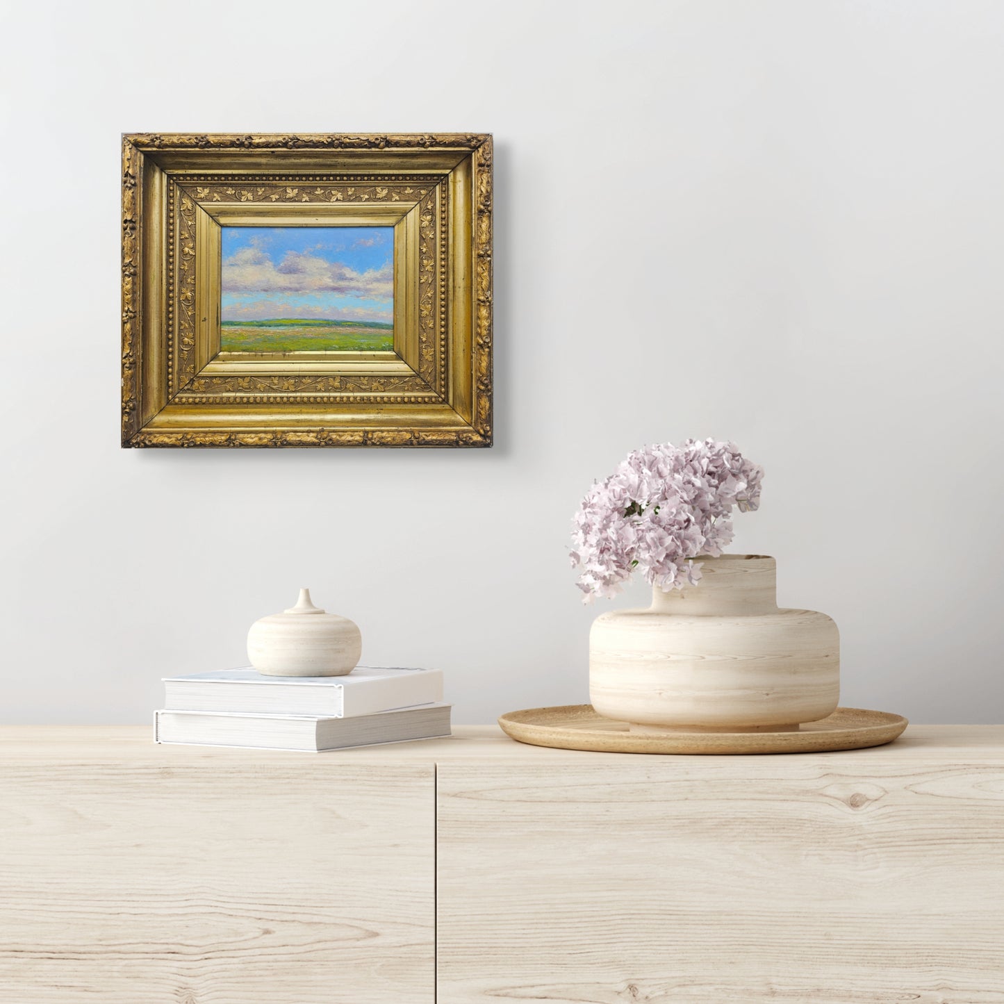 Oil on Board Landscape Painting of Field with Clouds in Gold Ornate Frame