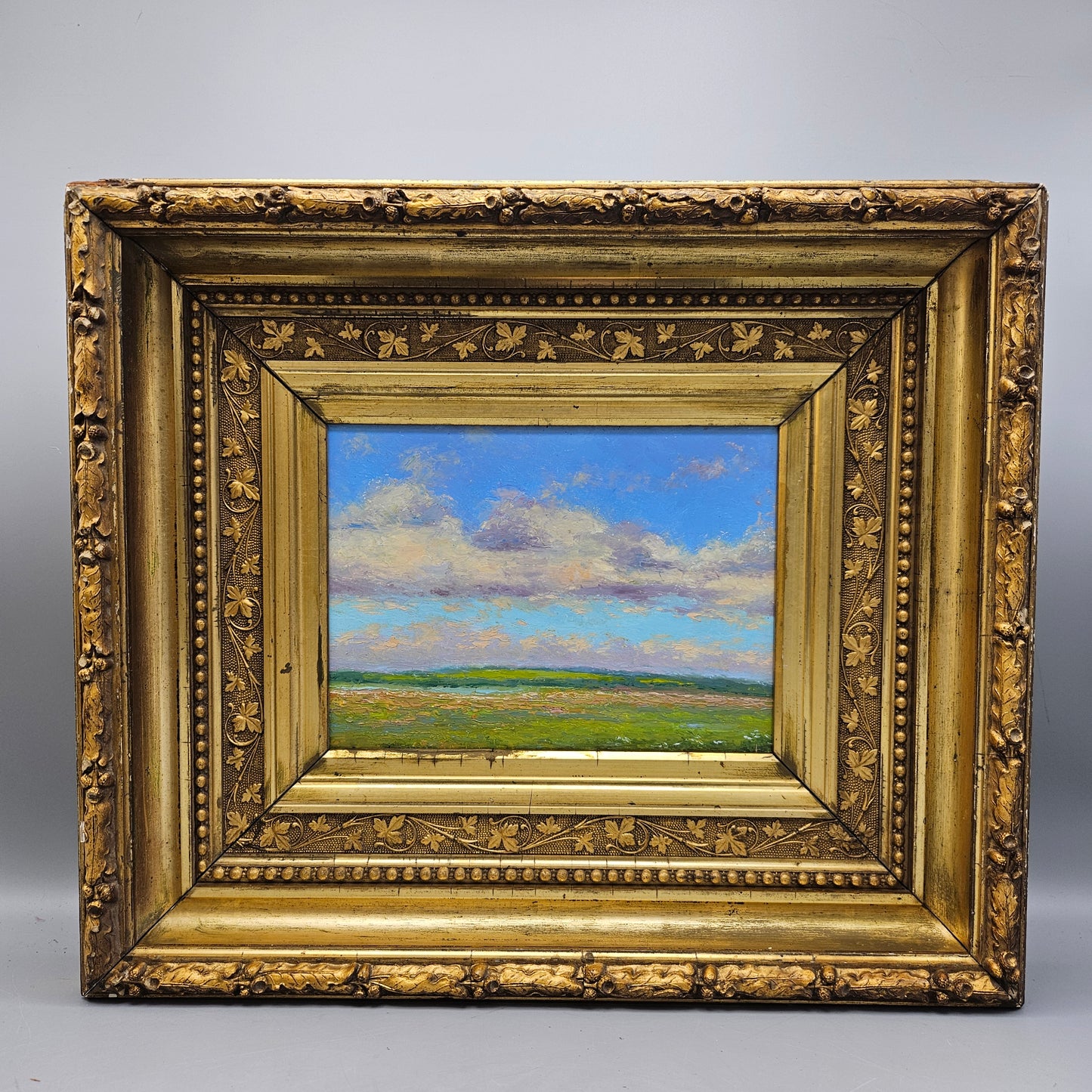 Oil on Board Landscape Painting of Field with Clouds in Gold Ornate Frame