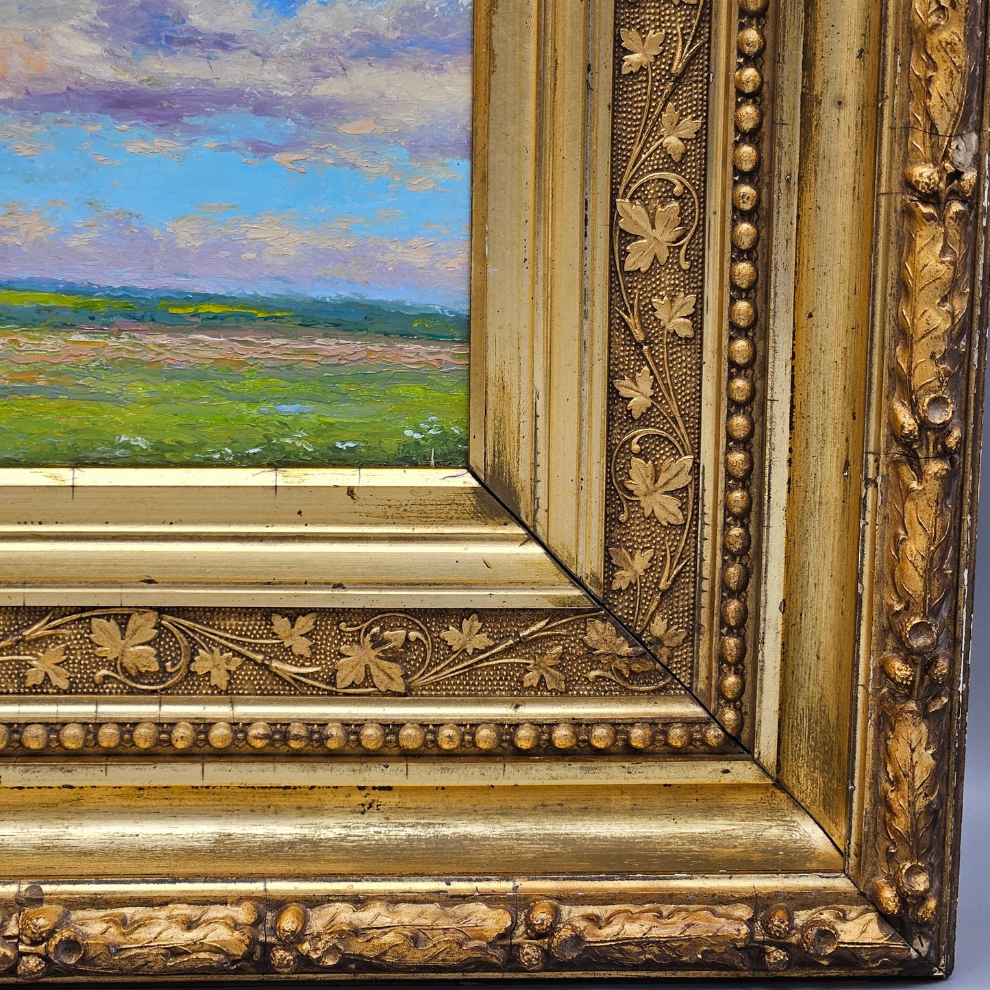 Oil on Board Landscape Painting of Field with Clouds in Gold Ornate Frame