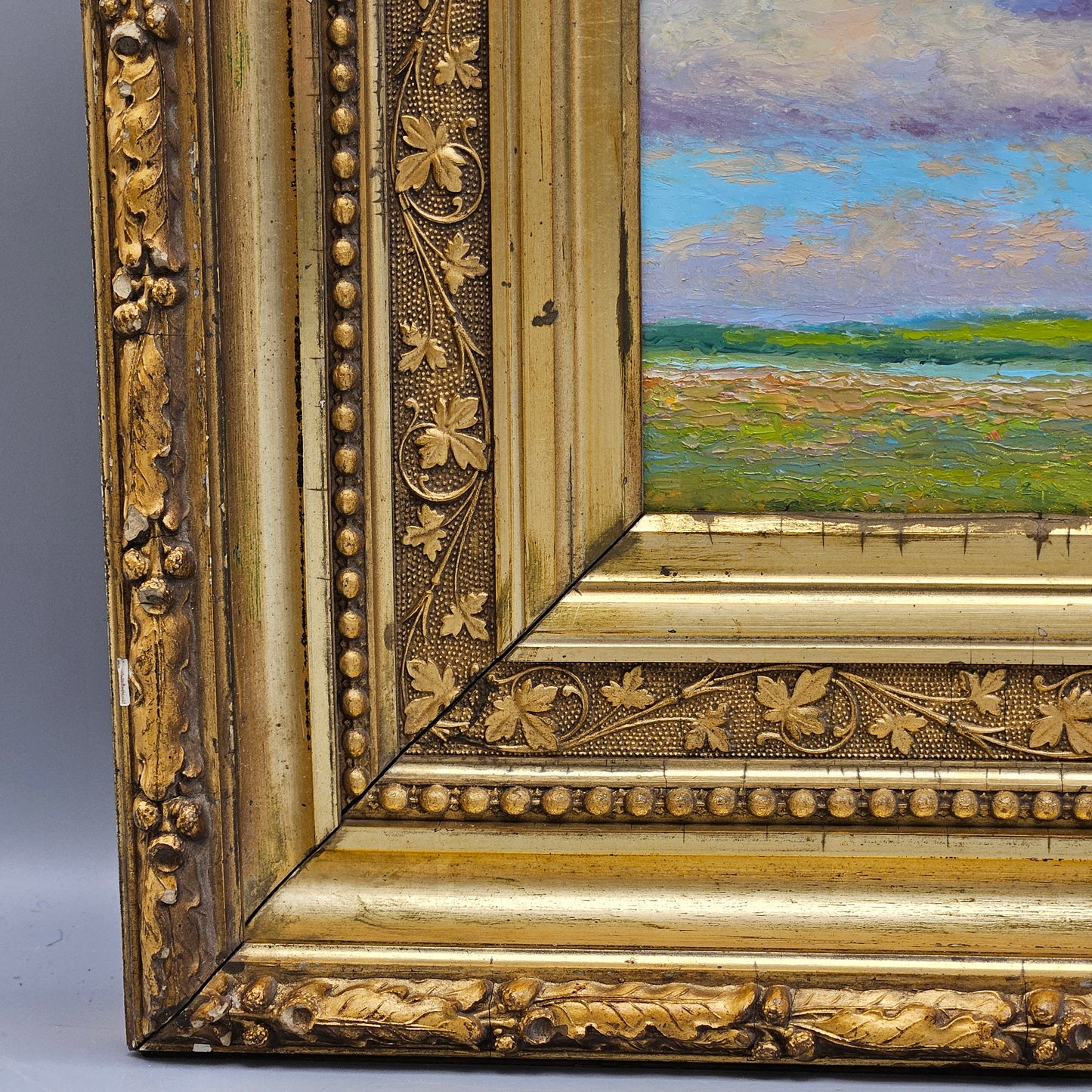 Oil on Board Landscape Painting of Field with Clouds in Gold Ornate Frame