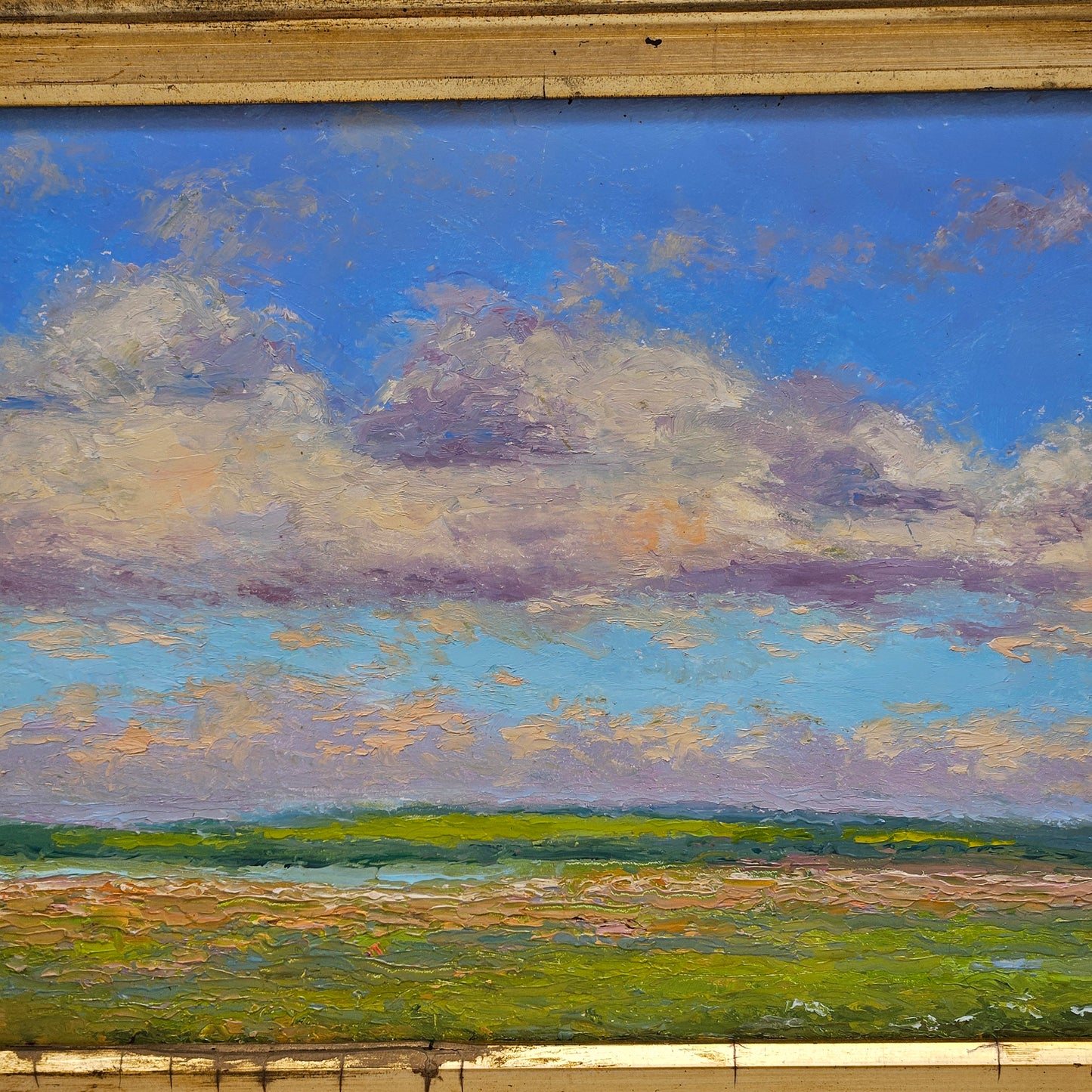 Oil on Board Landscape Painting of Field with Clouds in Gold Ornate Frame