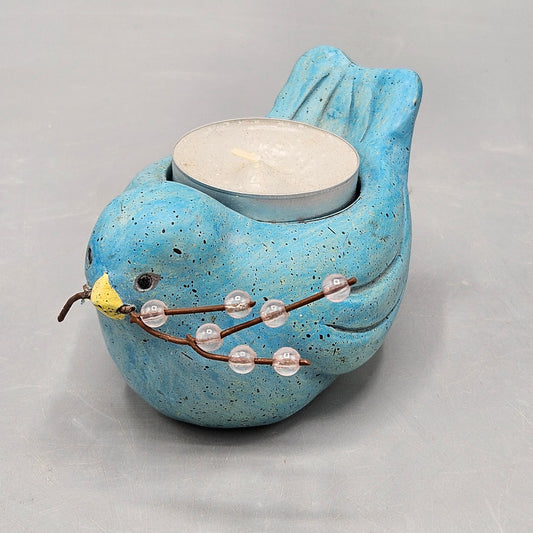 Small Blue Ceramic Votive Candle Bird with Twig