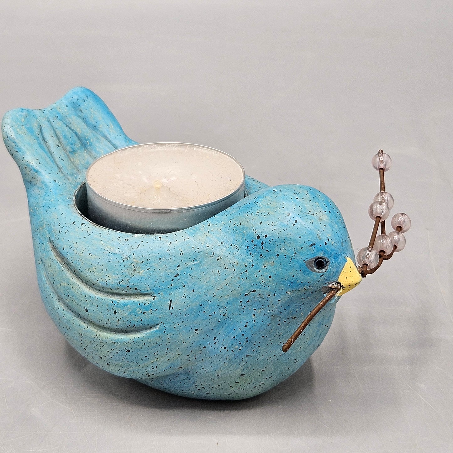 Small Blue Ceramic Votive Candle Bird with Twig