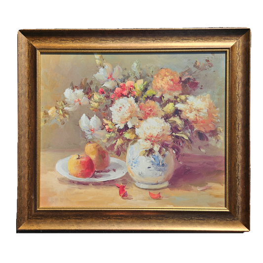 Framed Artwork of Flowers in Blue and White Planter