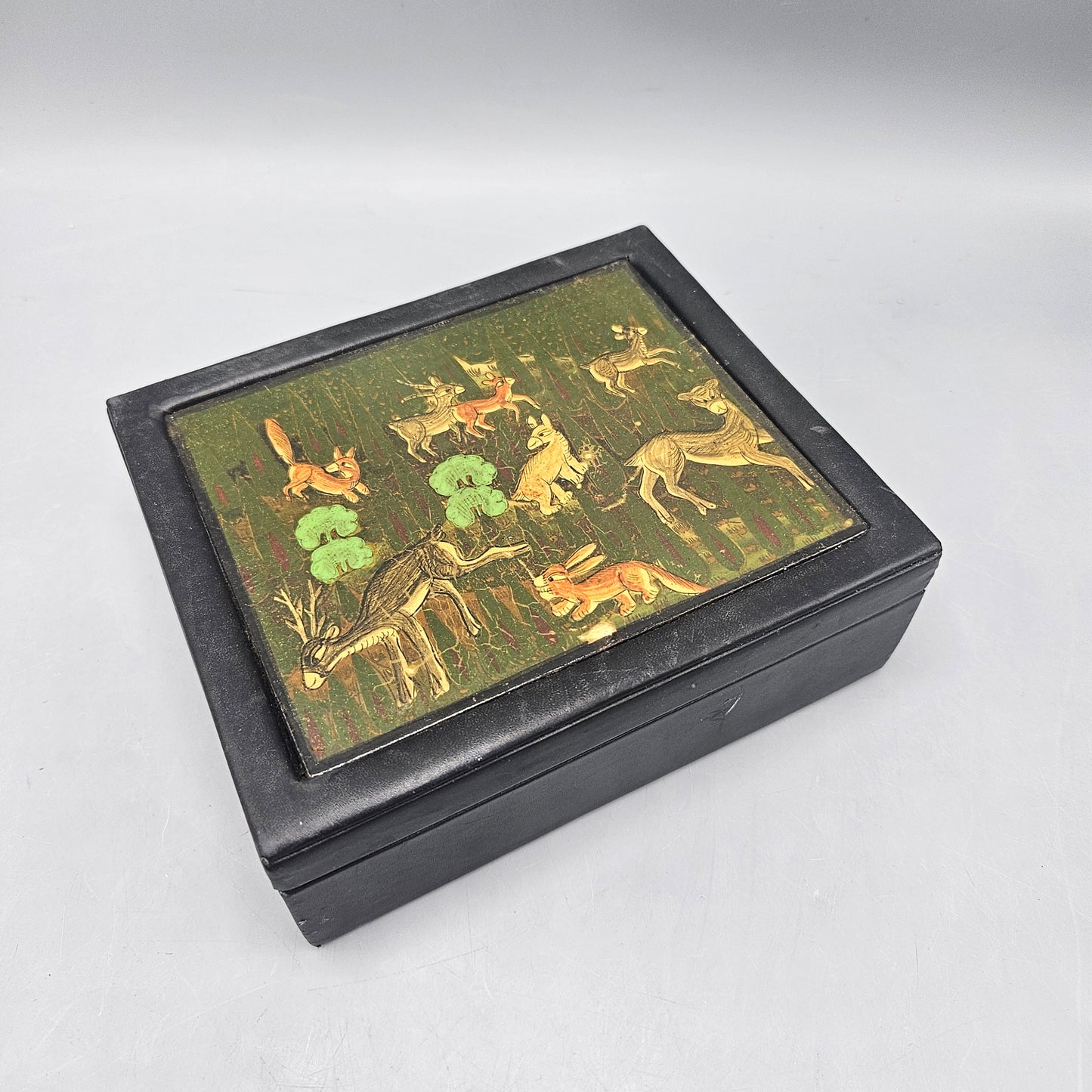 Vintage Black Leather Box with Animals