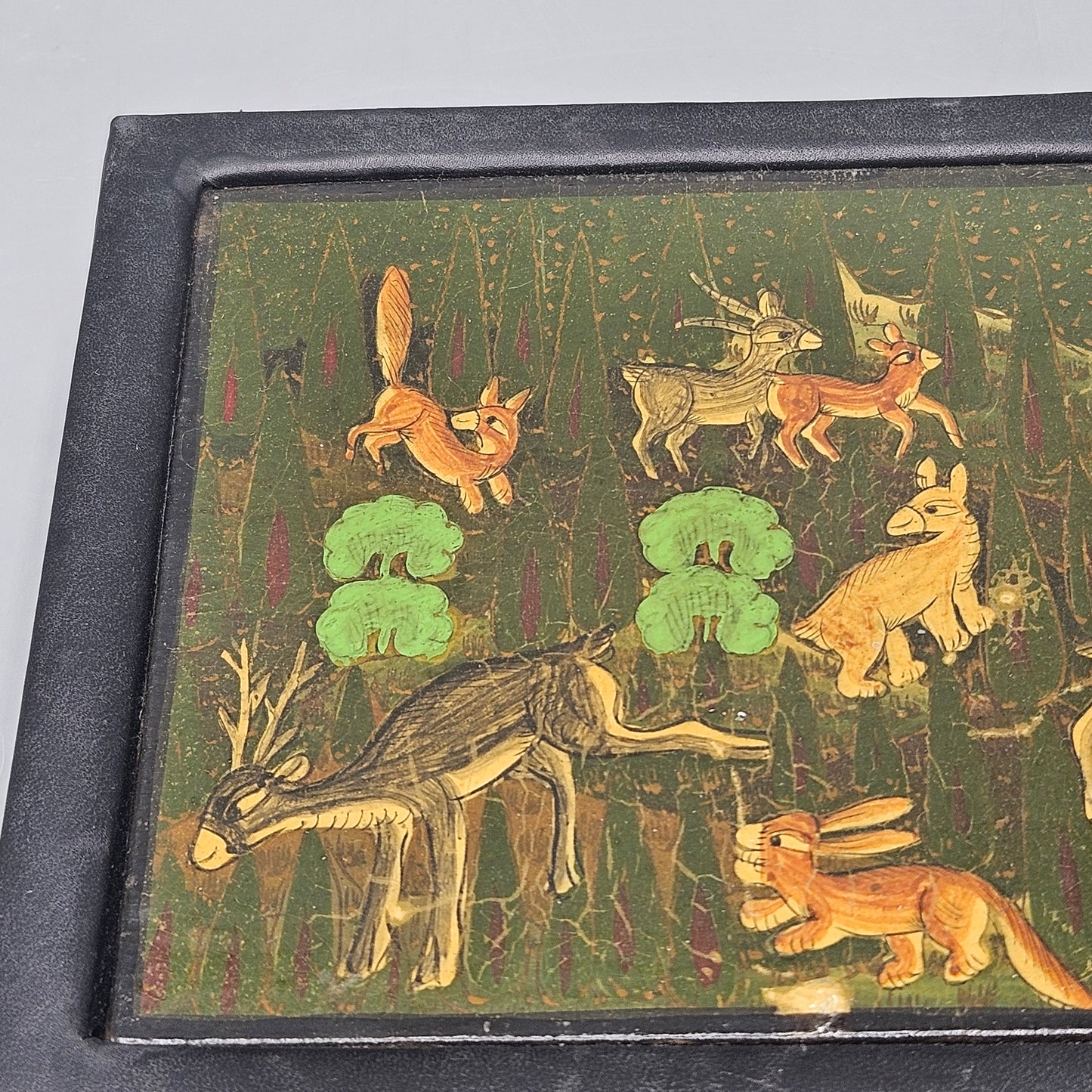 Vintage Black Leather Box with Animals