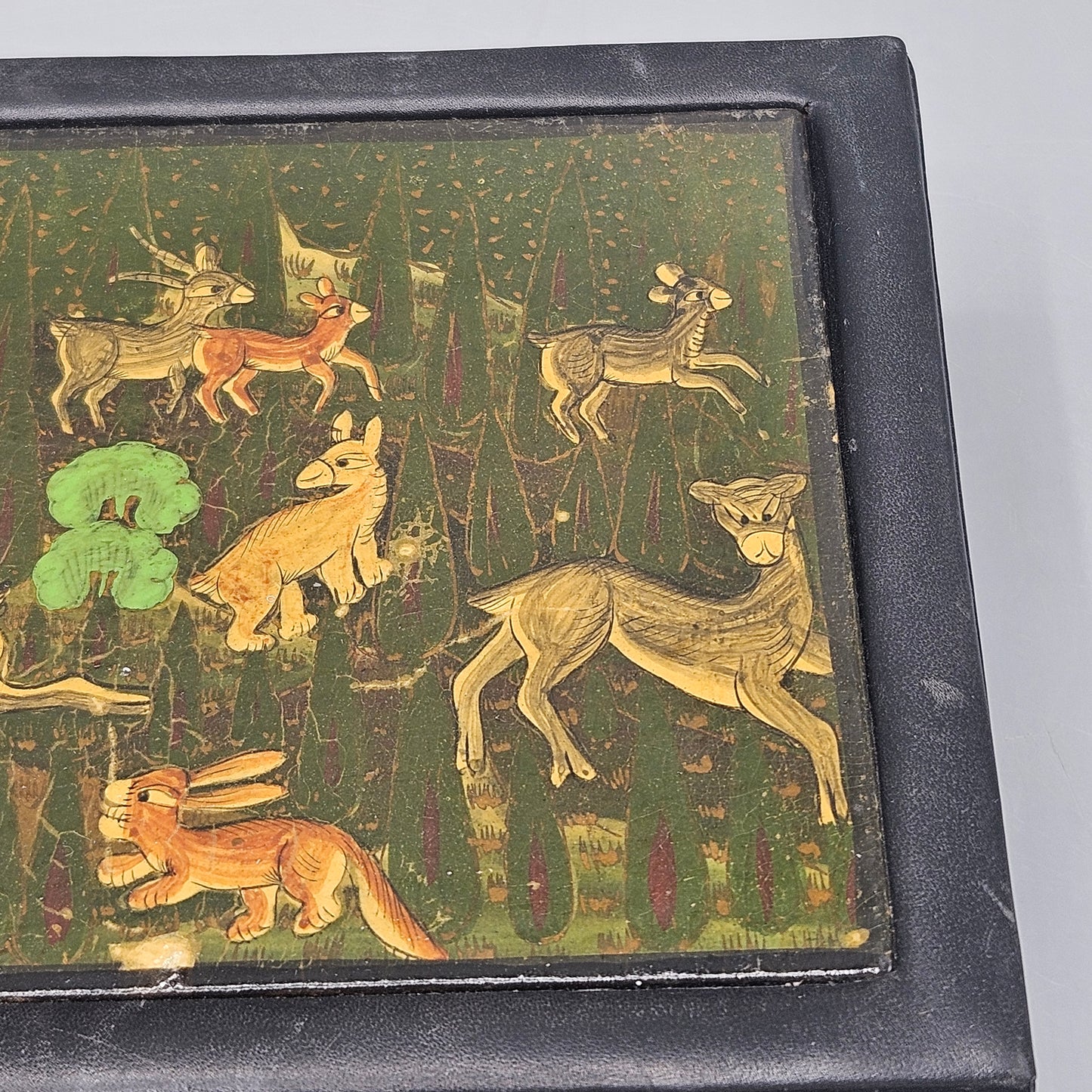 Vintage Black Leather Box with Animals