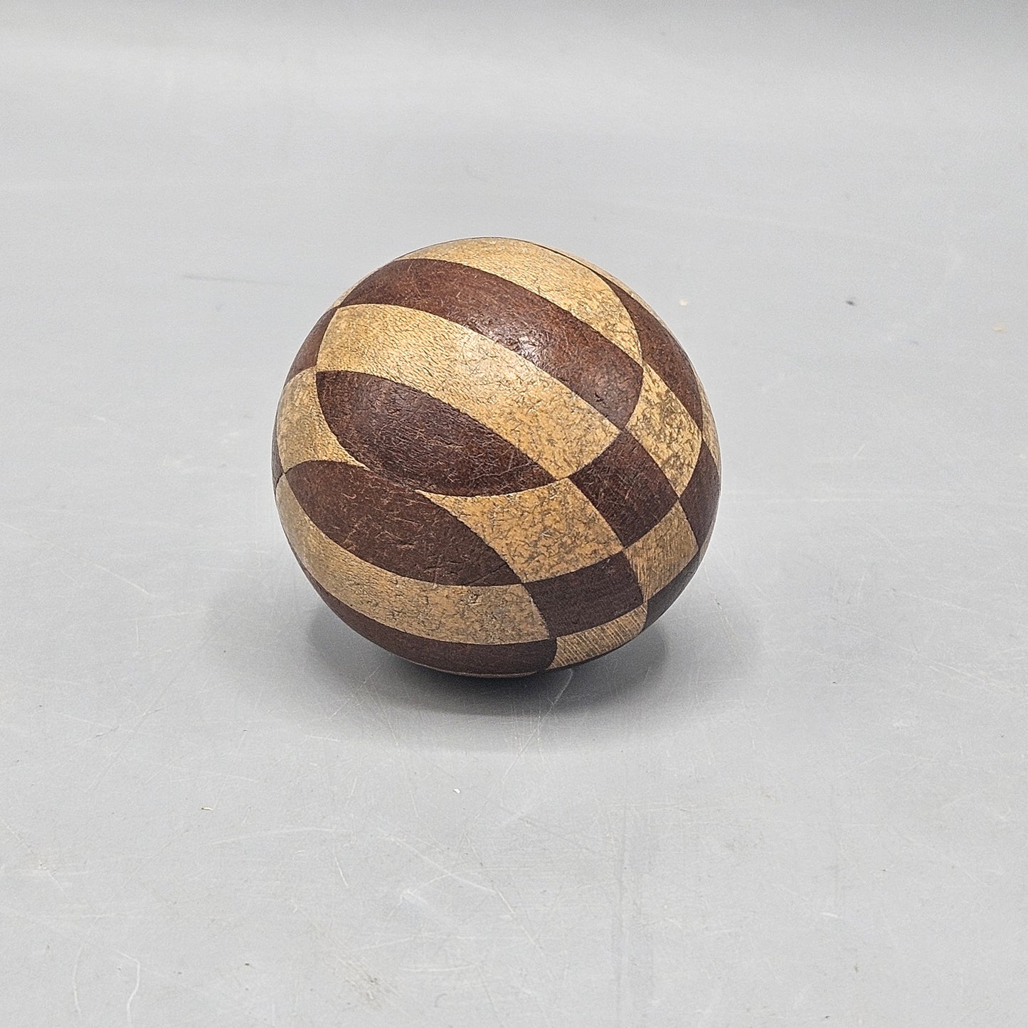 Antique Hand Made Turned Treen Wood Ball Sphere Harlequin Design