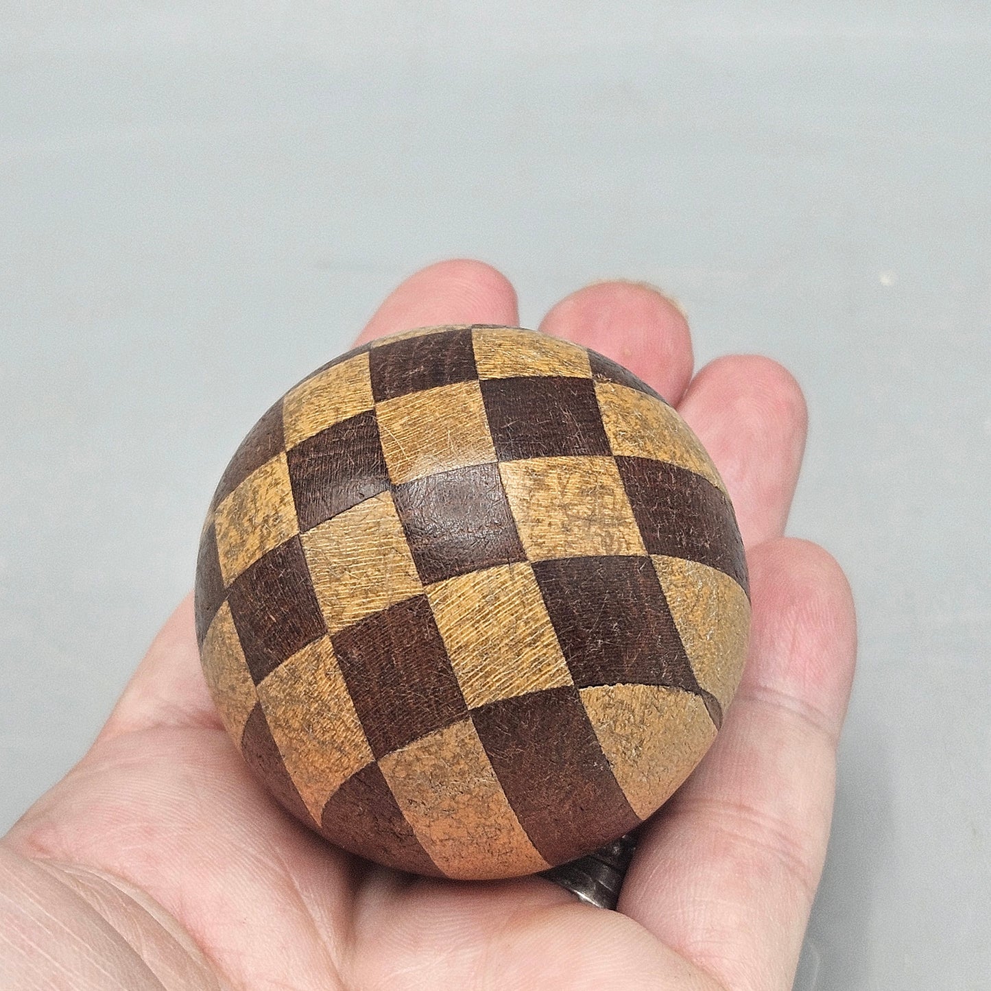 Antique Hand Made Turned Treen Wood Ball Sphere Harlequin Design