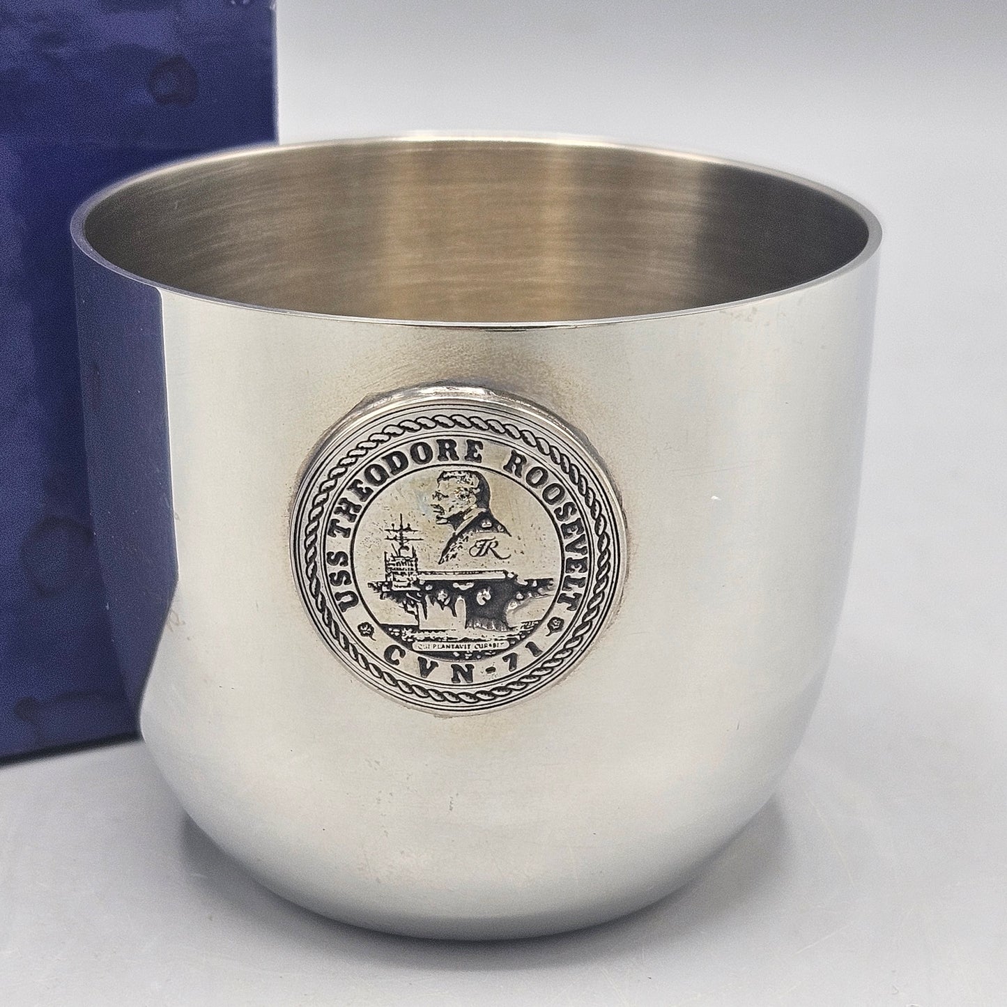 Williamsburg Shirley Jefferson Cup Polished Pewter with USS Theodore Roosevelt CVN-71