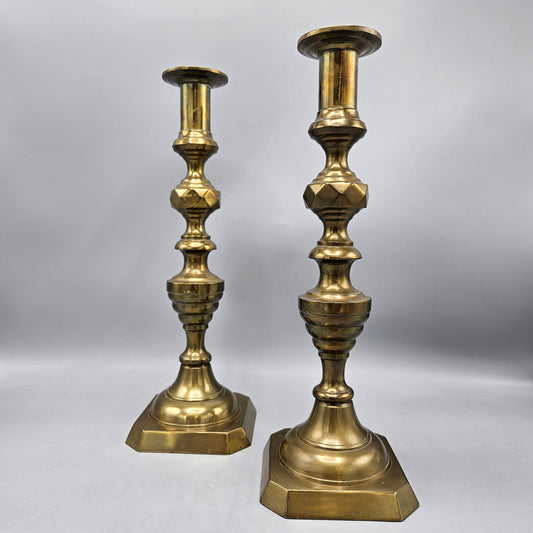 Pair of Antique Brass Beehive Push Up Candlesticks