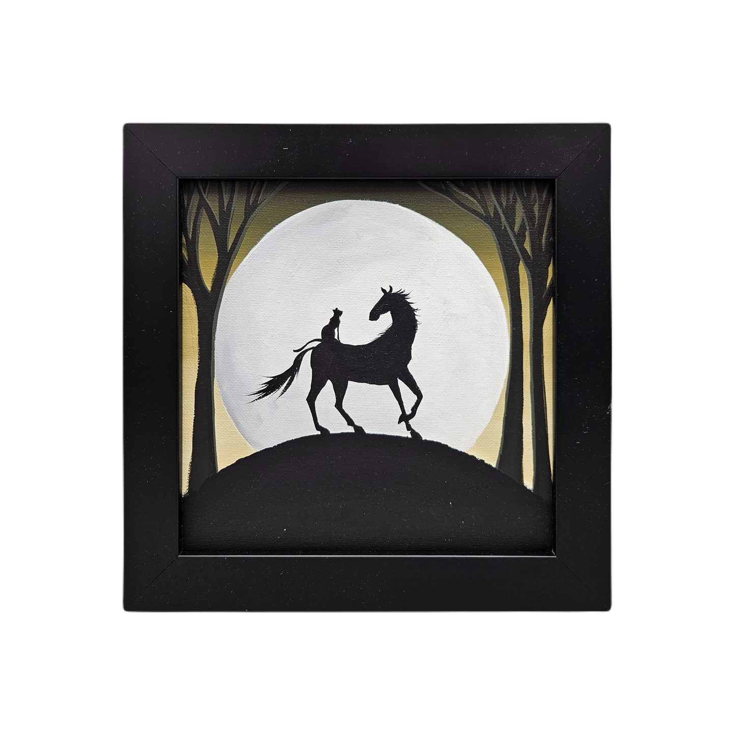 Oil on Canvas Painting of Horse with Cat Sitting on Back in Black Frame