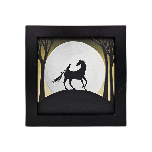 Oil on Canvas Painting of Horse with Cat Sitting on Back in Black Frame