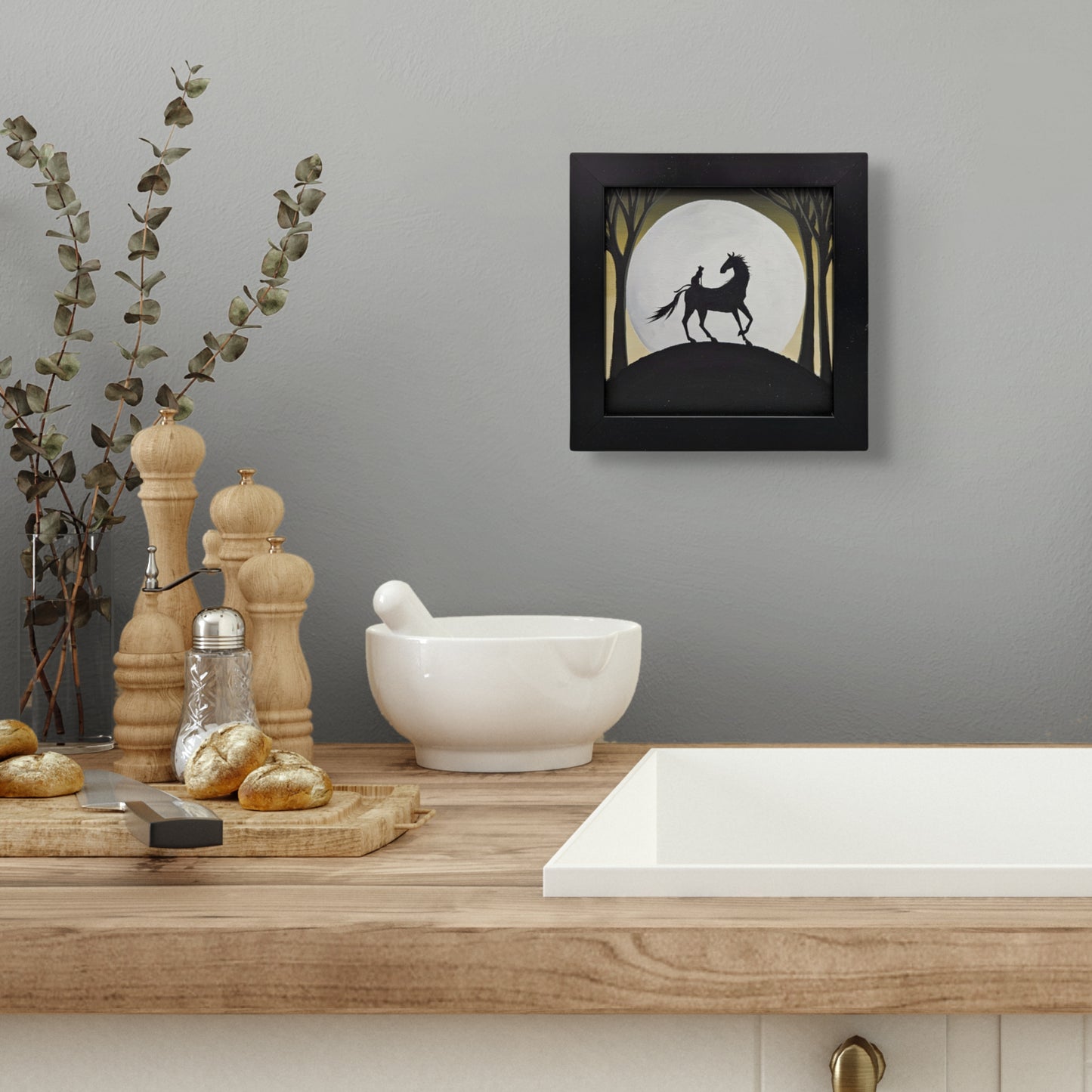 Oil on Canvas Painting of Horse with Cat Sitting on Back in Black Frame