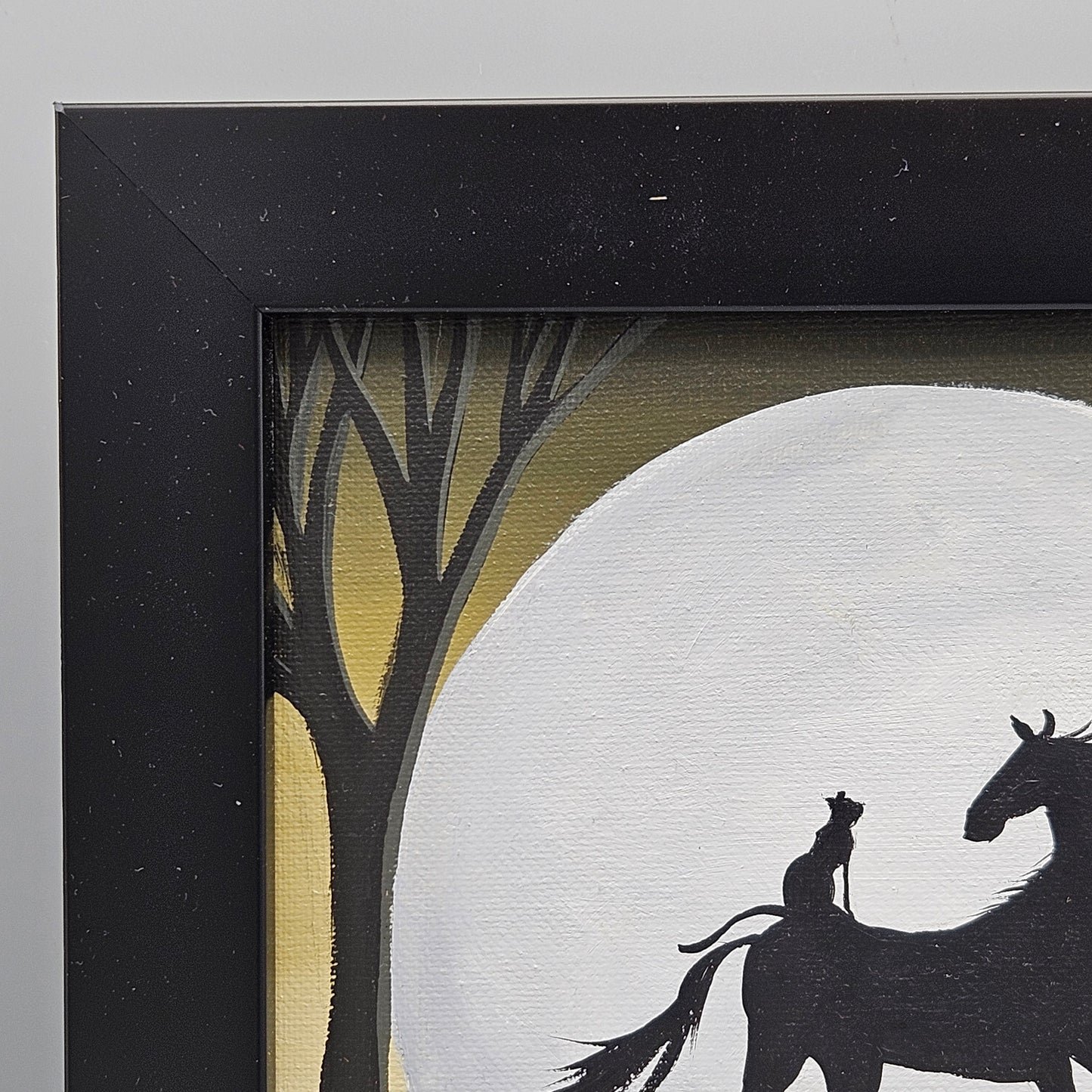 Oil on Canvas Painting of Horse with Cat Sitting on Back in Black Frame