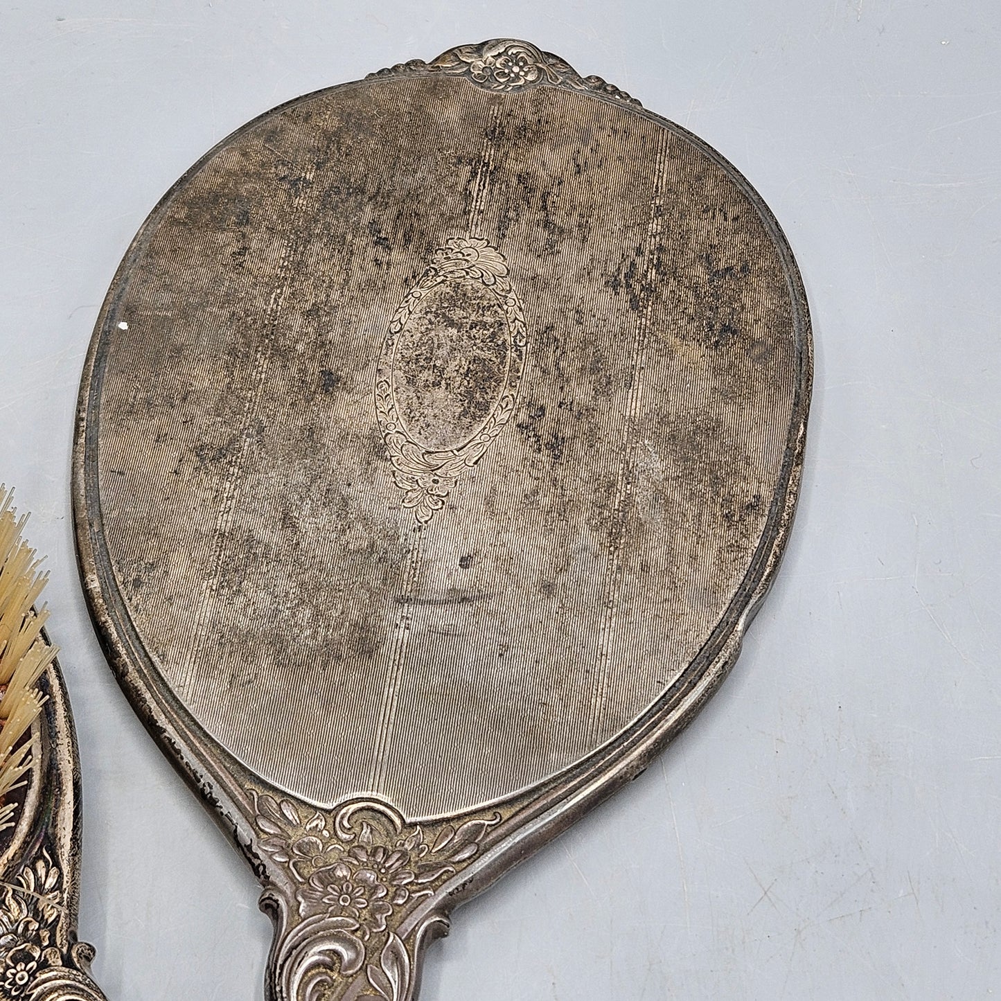 Vintage Art Nouveau Silver Floral Hand Held Mirror & Brush